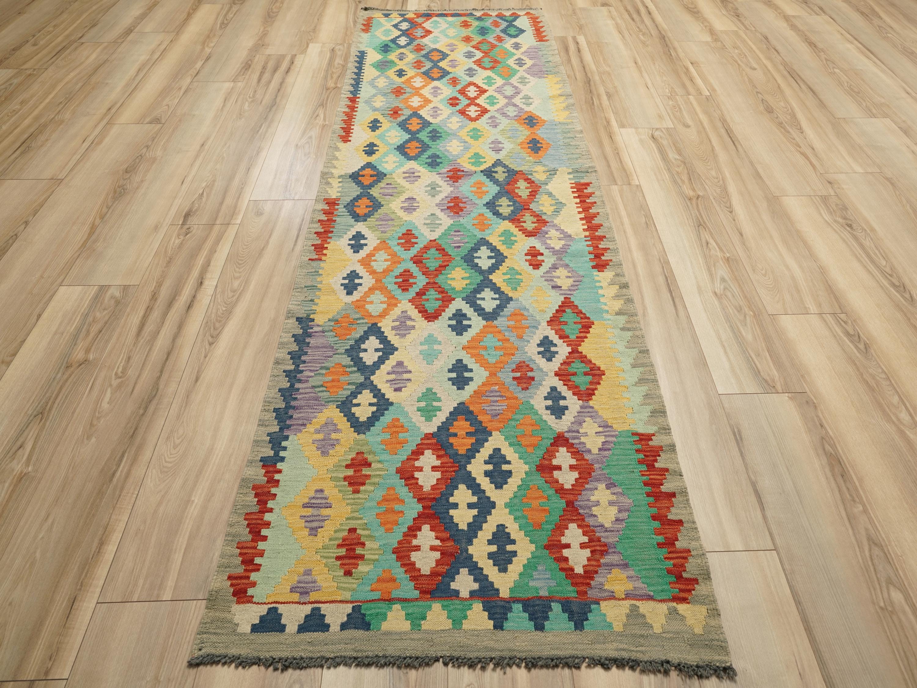 10 Ft Colorful Kilim Runner Rug - Traditional Afghan Flat Weave