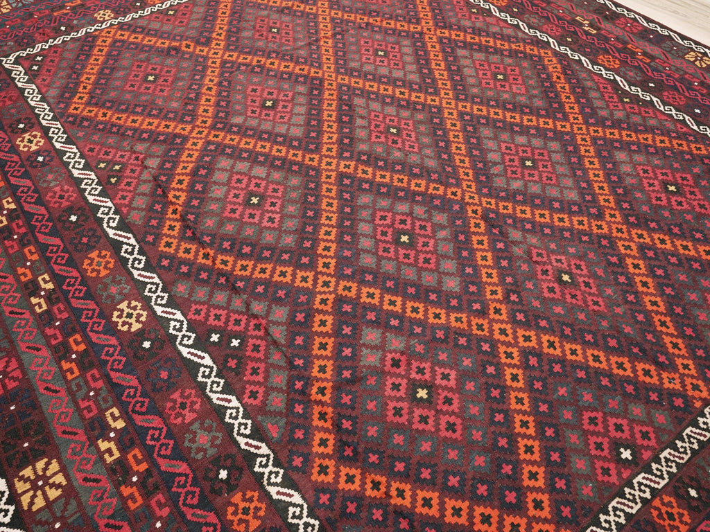 10x14 Ft Burgundy Maimana Kilim - Vintage Tribal Flatweave