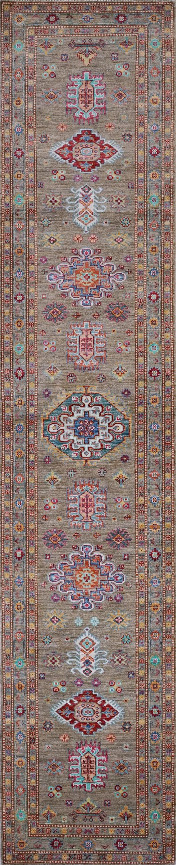 13 Ft Brown Kazak Runner Rug - Hand Knotted Wool Hallway Rug