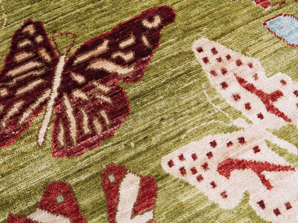 12 Ft Green Butterfly Runner Rug - Afghan Wool Hallway Rug