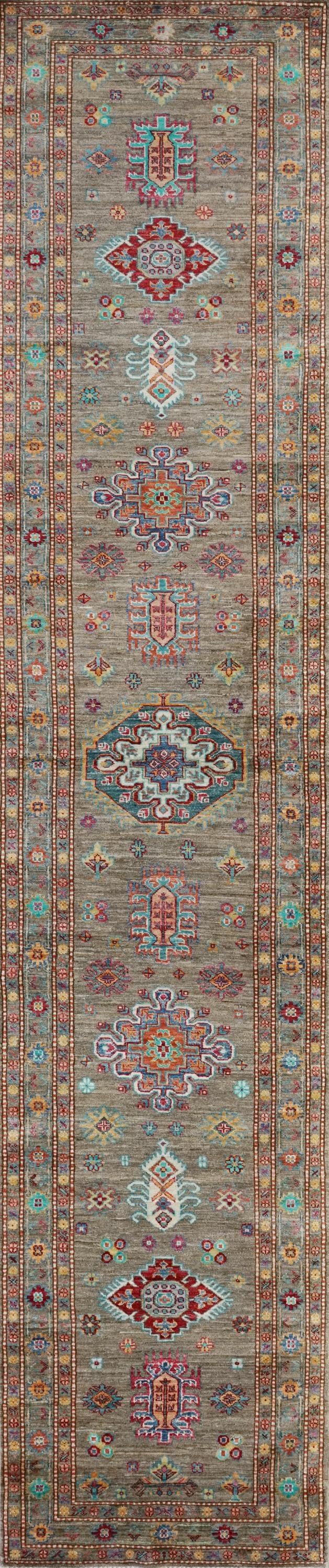 13 Ft Brown Kazak Runner Rug - Afghan Wool Hallway Rug