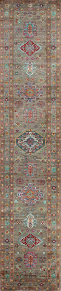 13 Ft Brown Kazak Runner Rug - Afghan Wool Hallway Rug