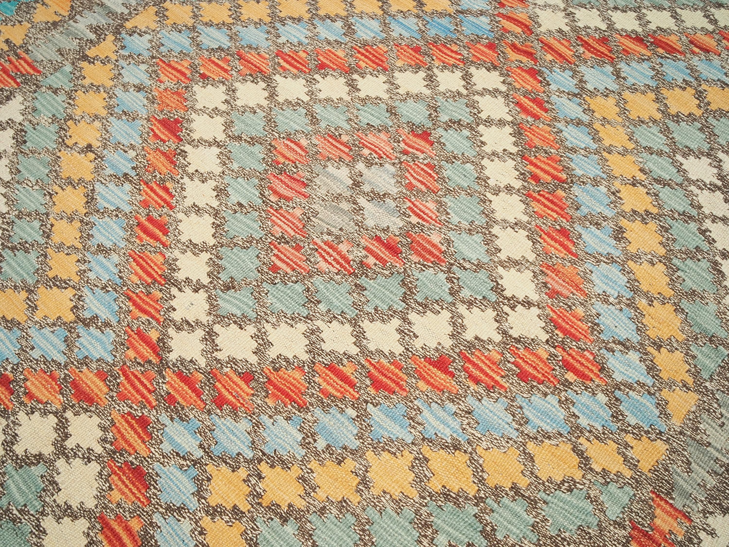 5x8 Ft Red & Orange Wool Kilim Rug - Flat Weave Scandinavian Tribal Design