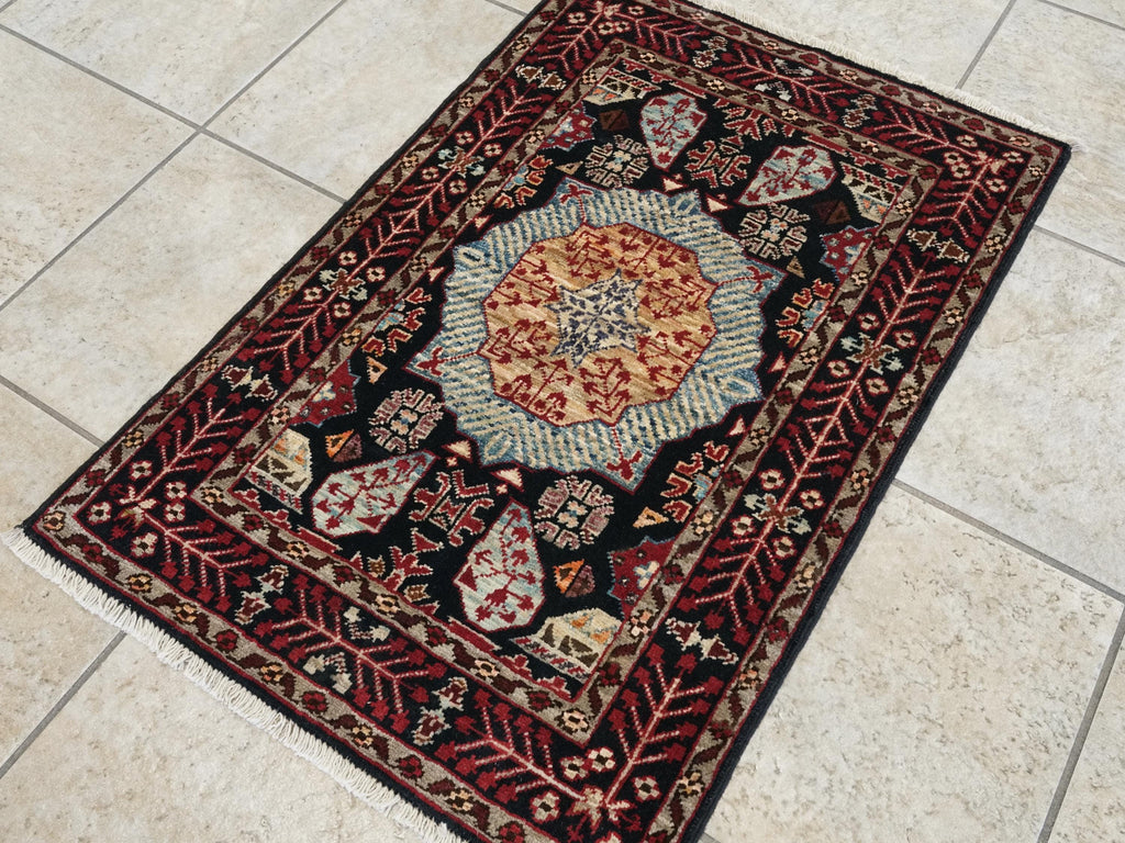 2x3 Ft Hand Knotted Mamluk Rug - Black & Red Oriental Accent Rug
