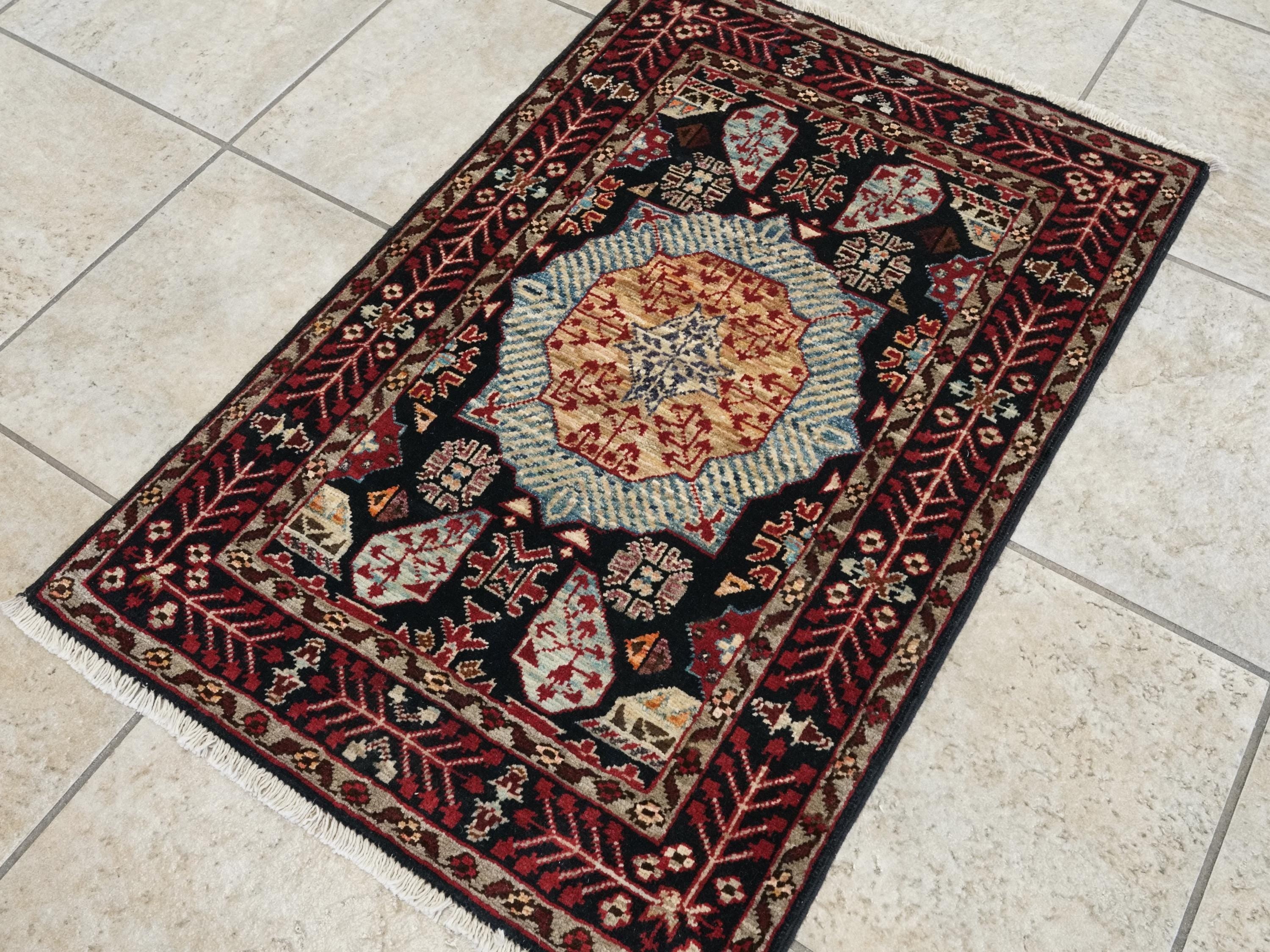 2x3 Ft Hand Knotted Mamluk Rug - Black & Red Oriental Accent Rug