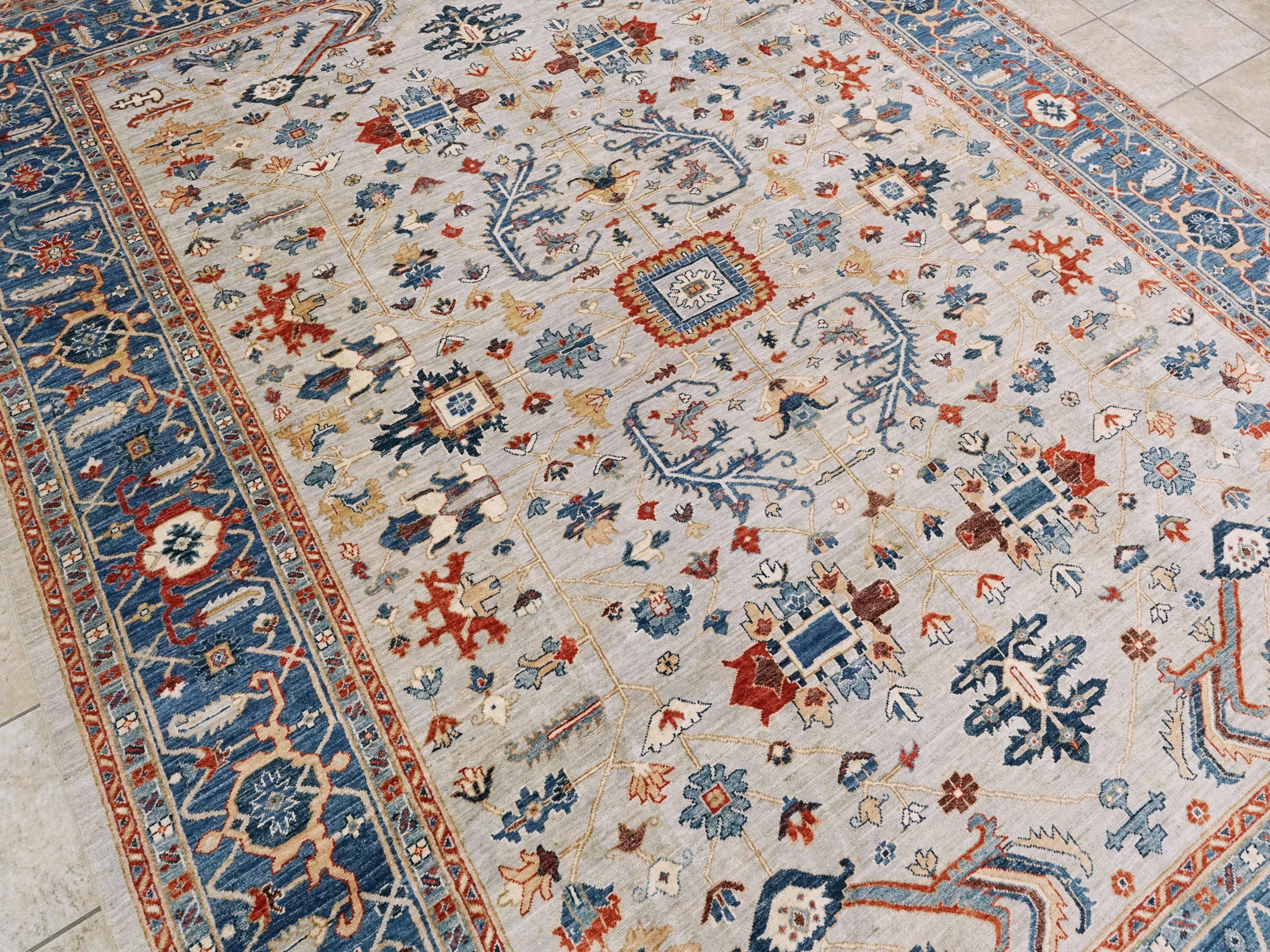 9x12 Ft Blue & White Bidjar Rug - Hand Knotted Persian Style Wool Rug