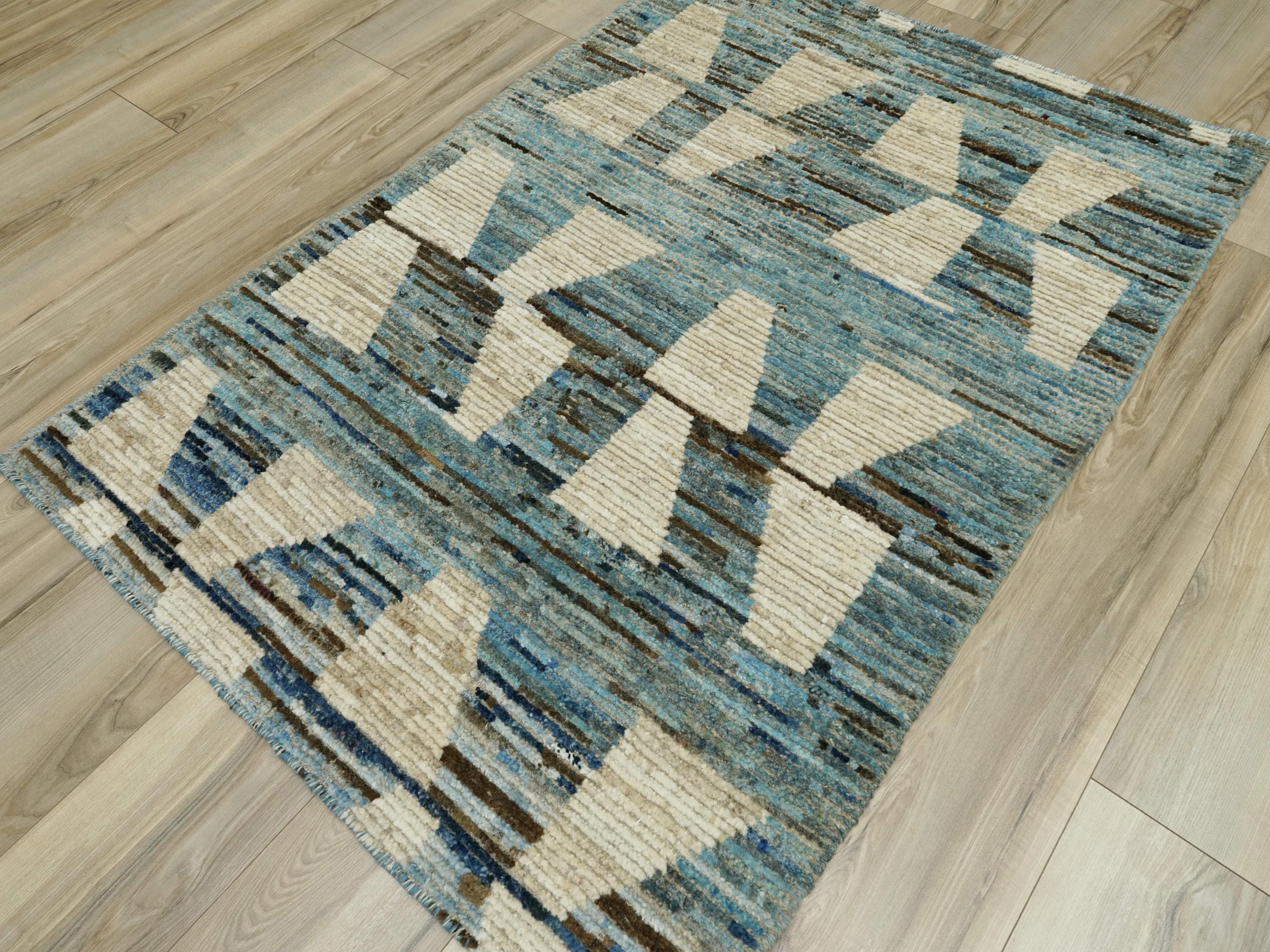 3x5 Ft Blue Moroccan Rug - Hand Knotted Area Rug