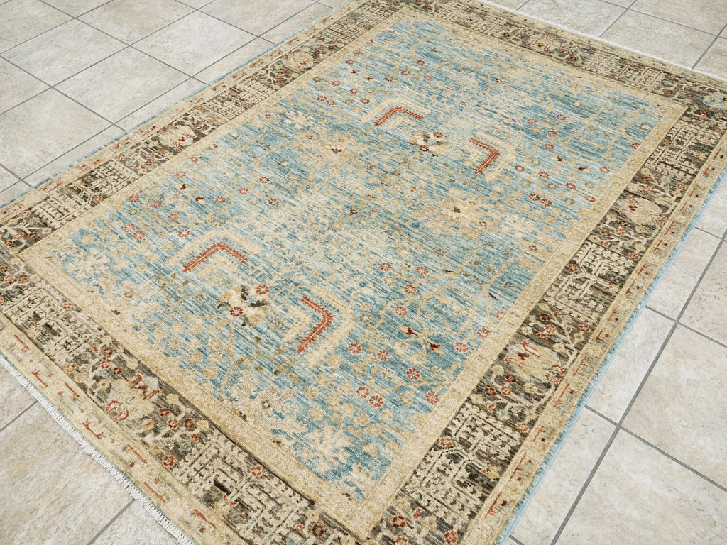 5x7 Ft Blue Floral Persian Rug - Hand Knotted Oriental Rug