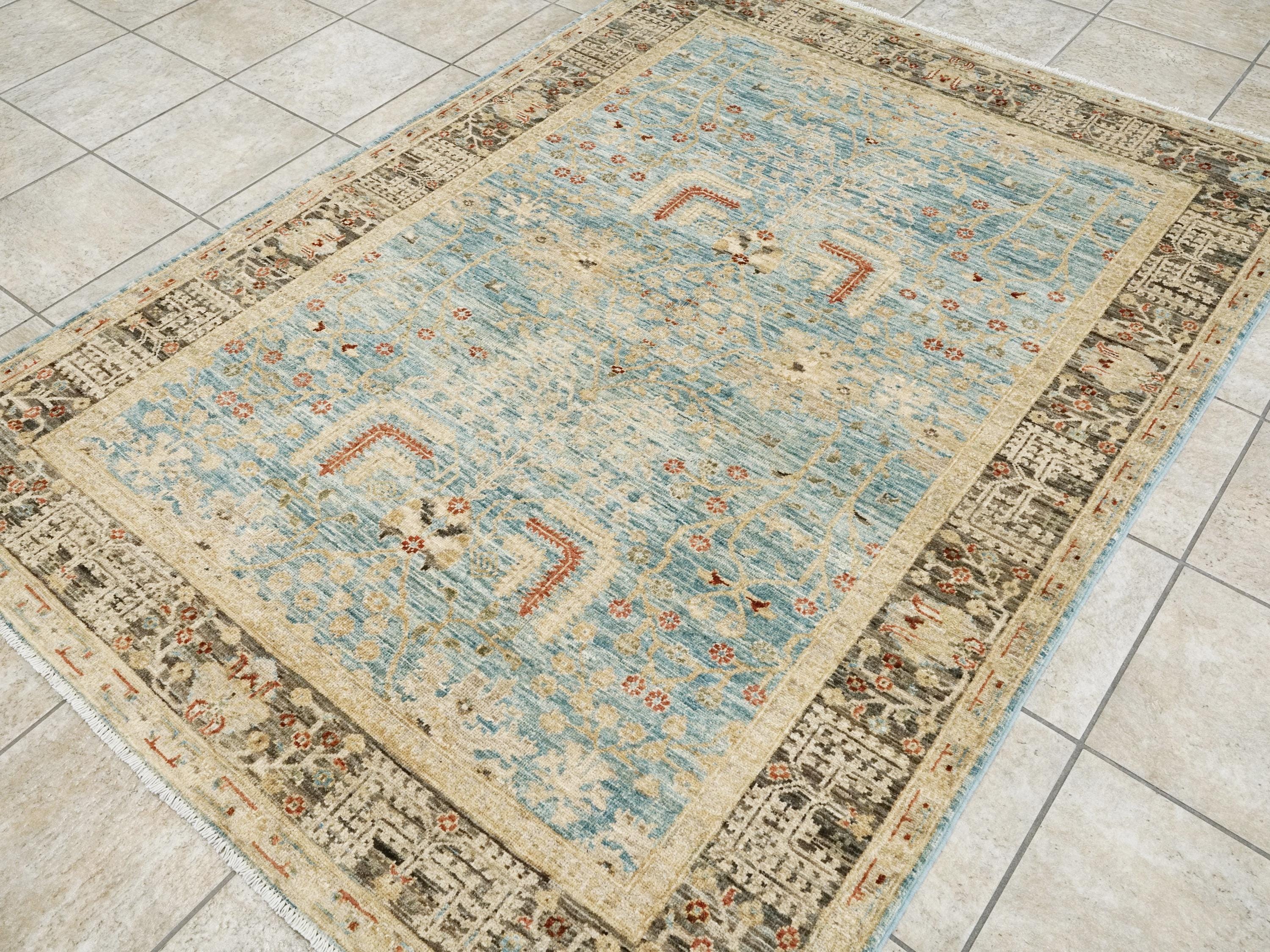 5x7 Ft Blue Floral Persian Rug - Hand Knotted Oriental Rug