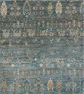 3x3 Ft Cyan Serapi Rug - Hand Knotted Wool Oriental Rug - Floral Design