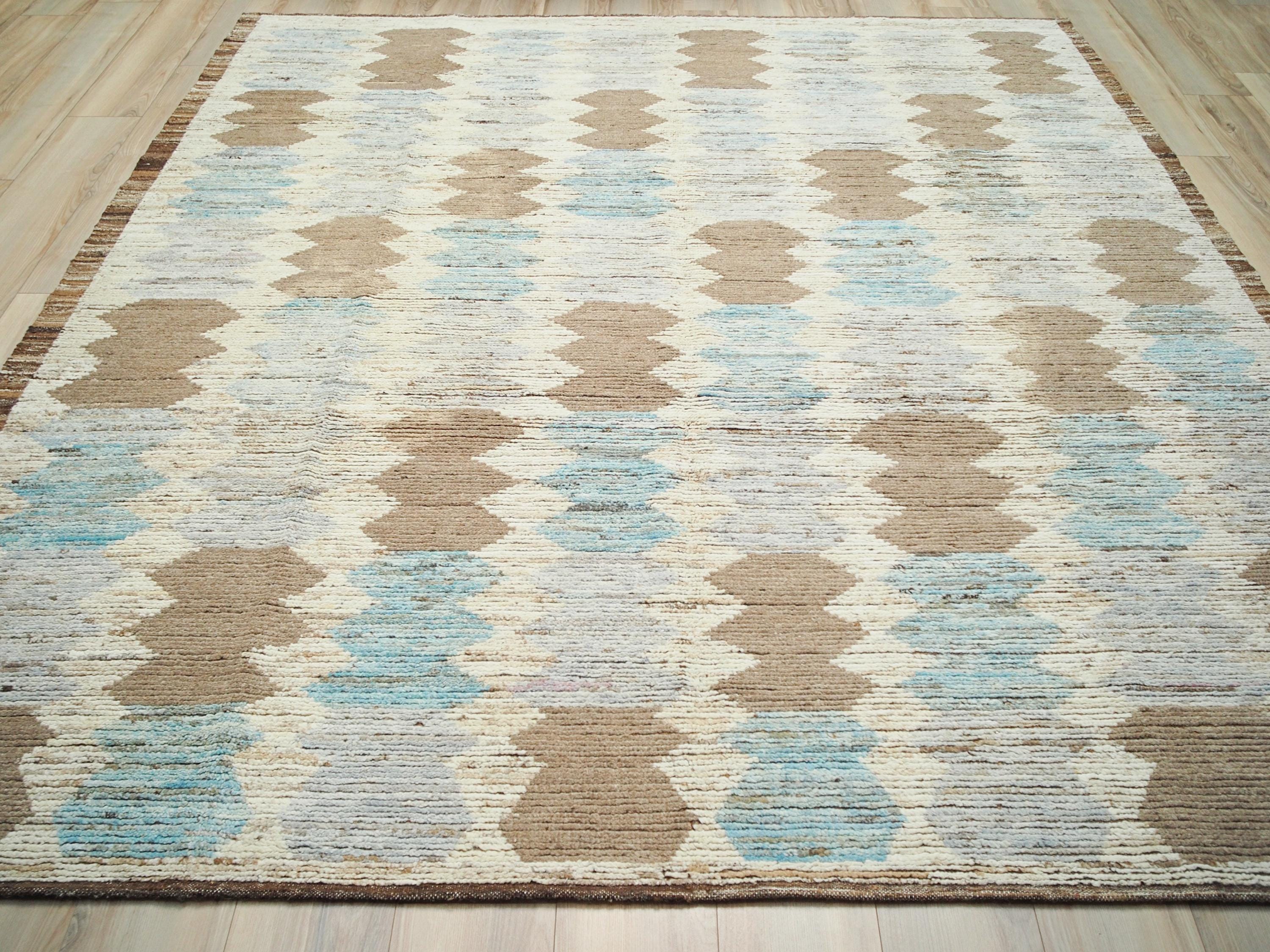 8x10 Ft Brown & Blue Moroccan Rug - Hand Knotted Wool Rug
