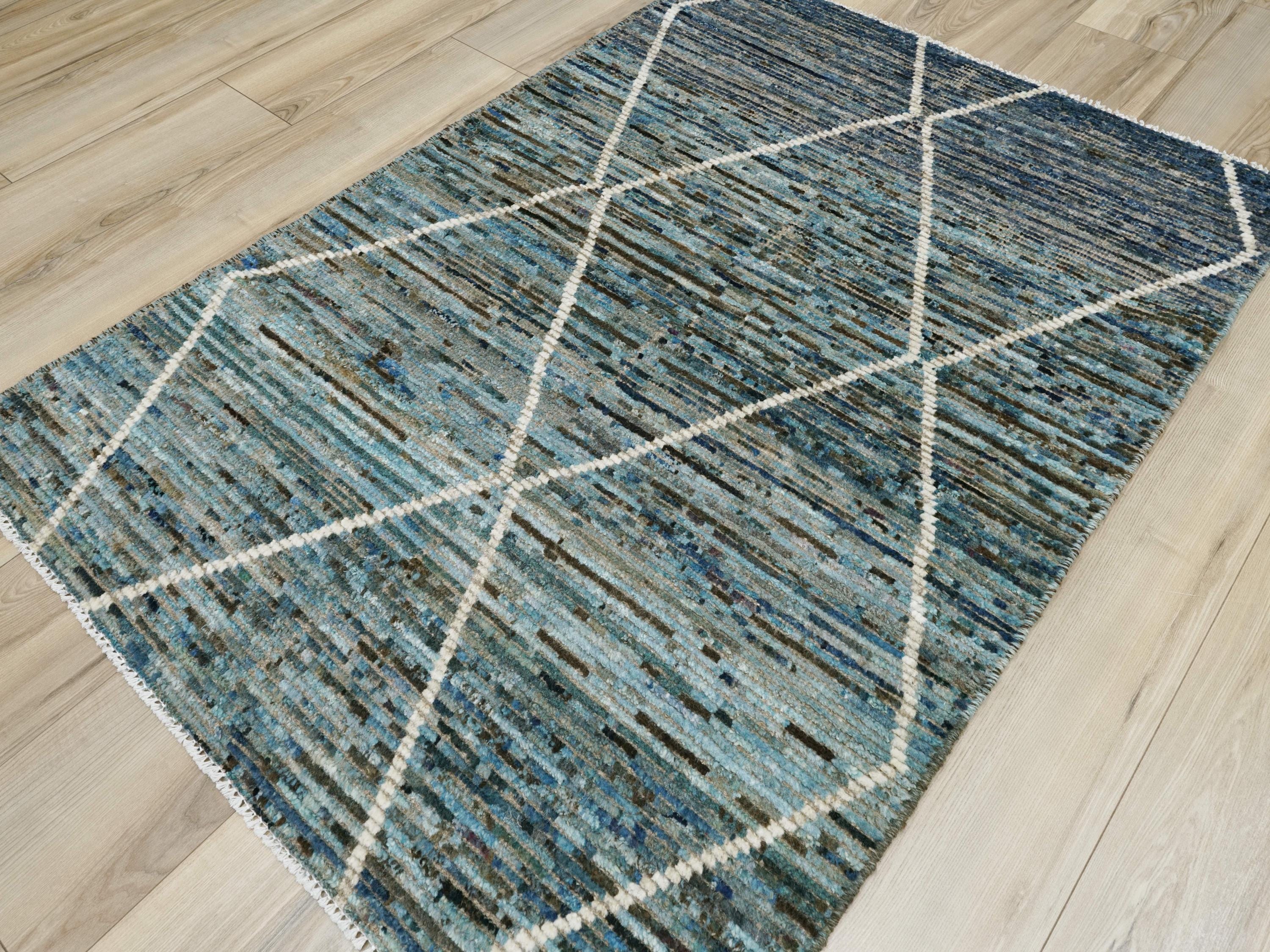 3x5 Ft Blue Moroccan Rug - Hand Knotted Afghan Rug