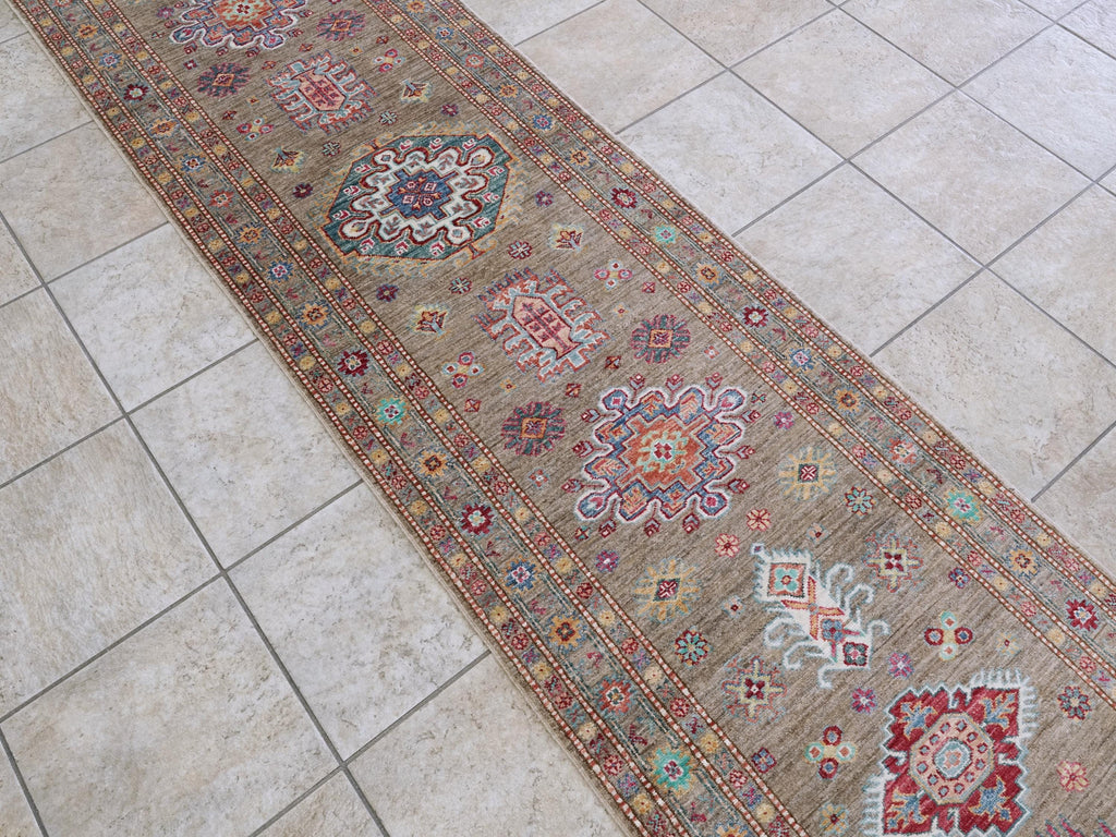 13 Ft Brown Kazak Runner Rug - Hand Knotted Wool Hallway Rug