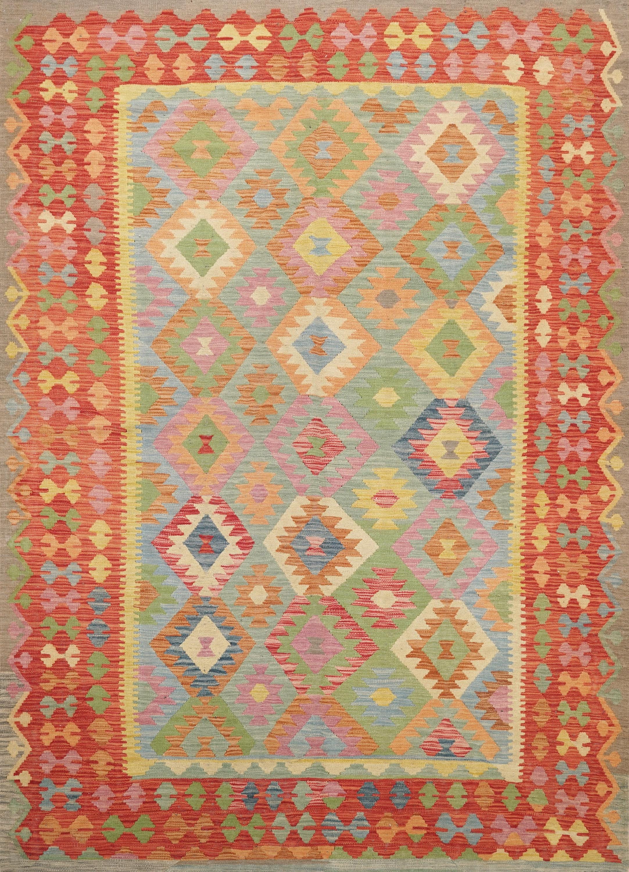 7x10 Ft Red Maimana Kilim Rug - Tribal Flat Weave