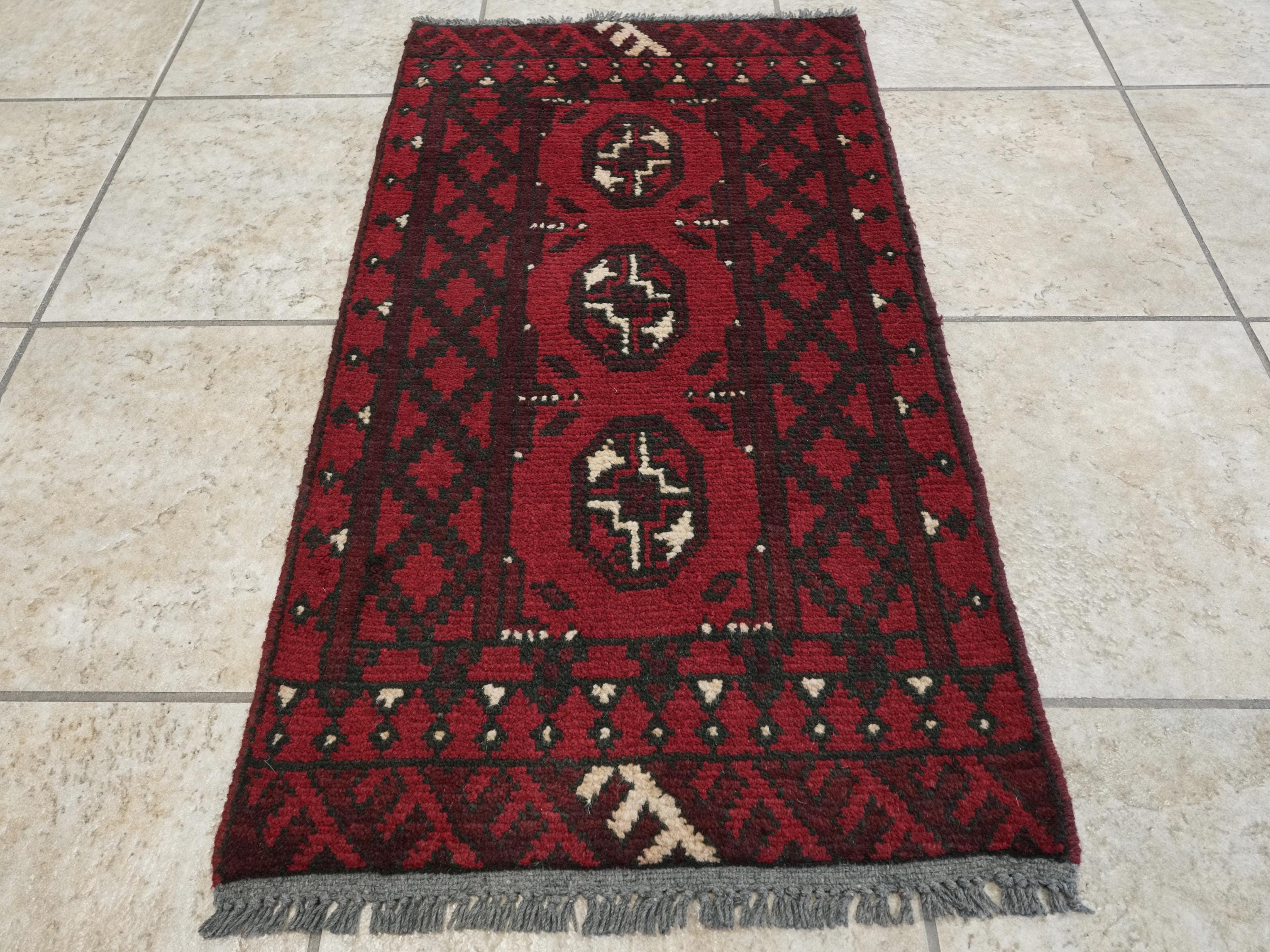2x3 Ft Red Ersari Rug - Hand Knotted Afghan Wool Rug
