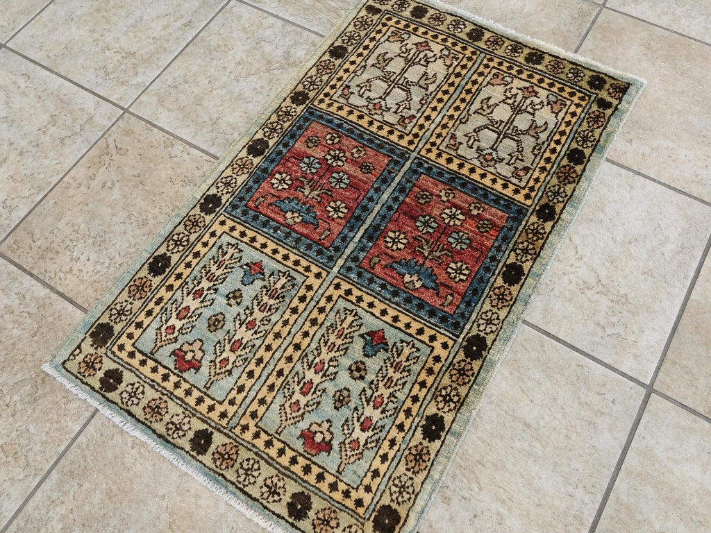 2x3 Ft Hand Knotted Heriz Wool Rug - Yellow & Blue Accent Rug