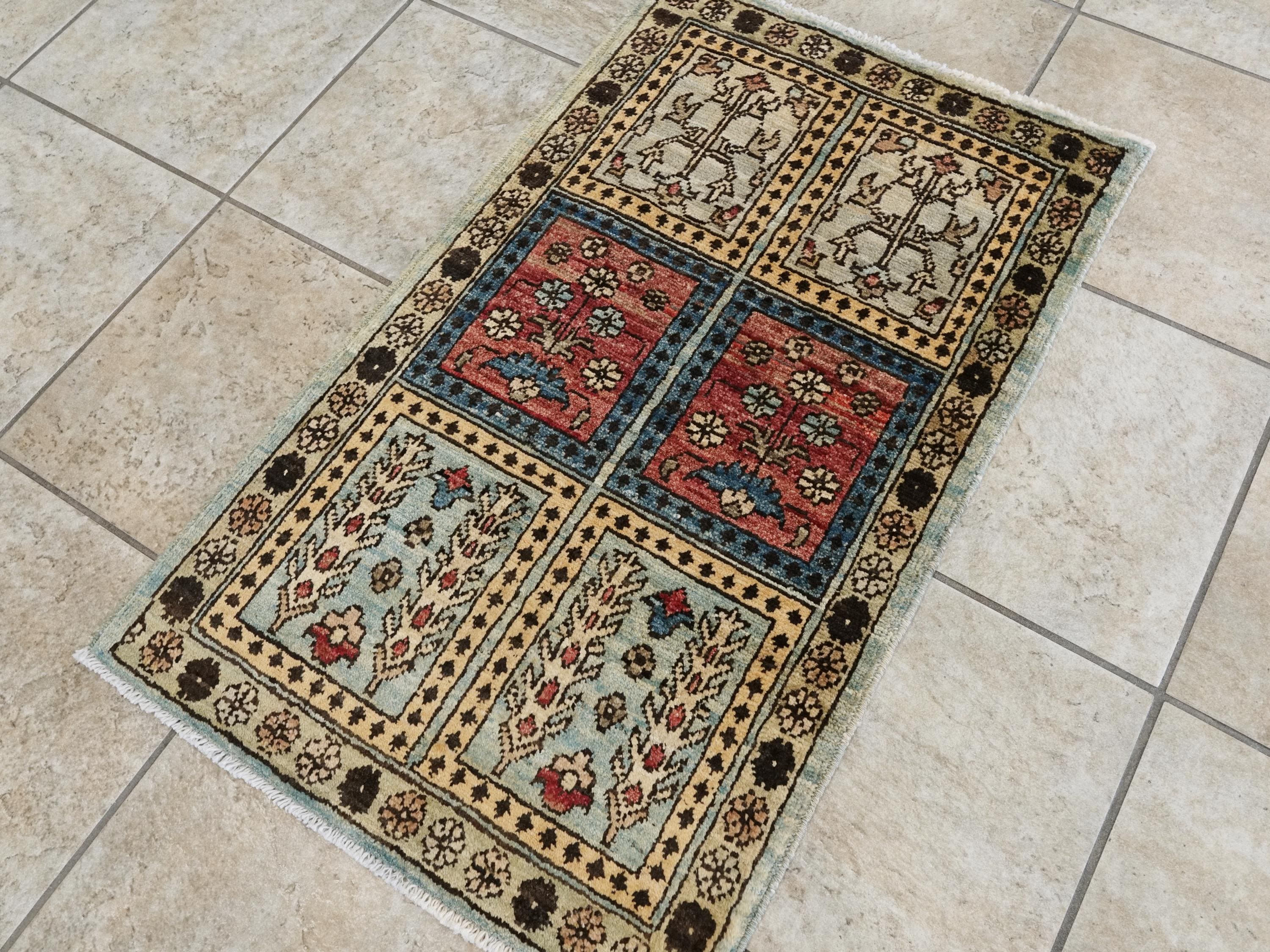 2x3 Ft Hand Knotted Heriz Wool Rug - Yellow & Blue Accent Rug