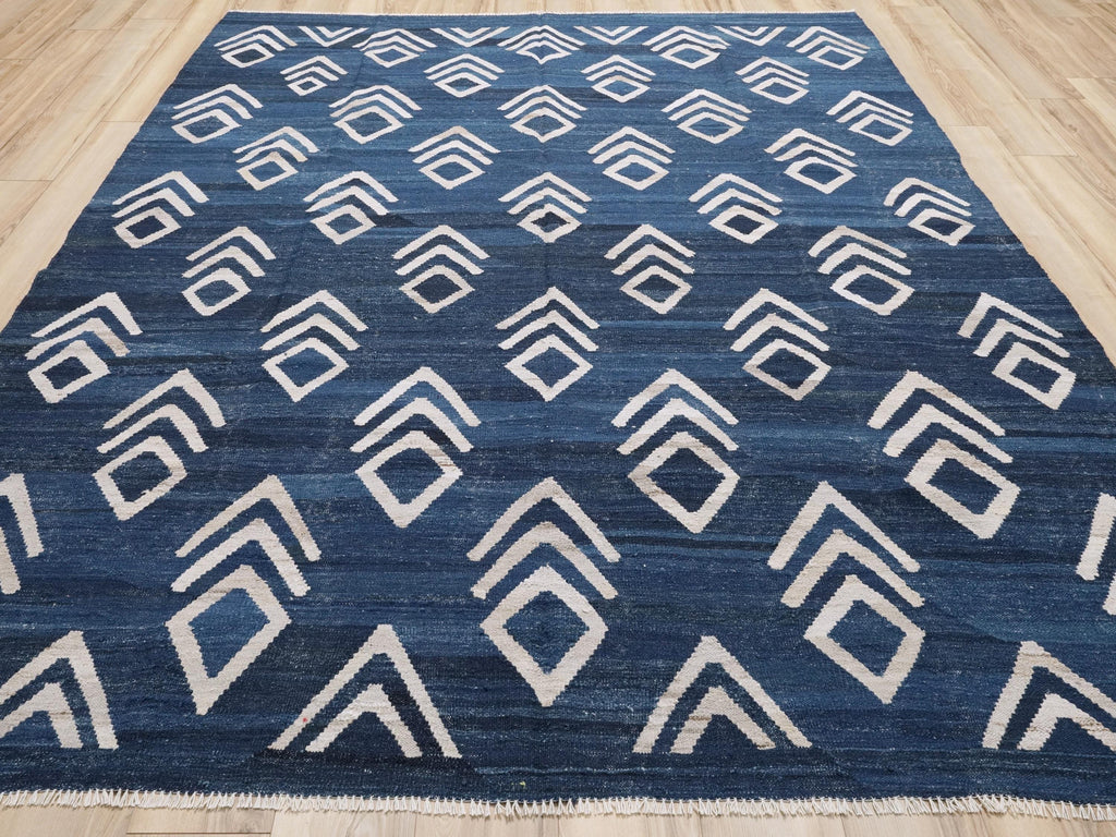 8x10 Ft Blue Kilim Rug - Handmade Afghan Flat Weave