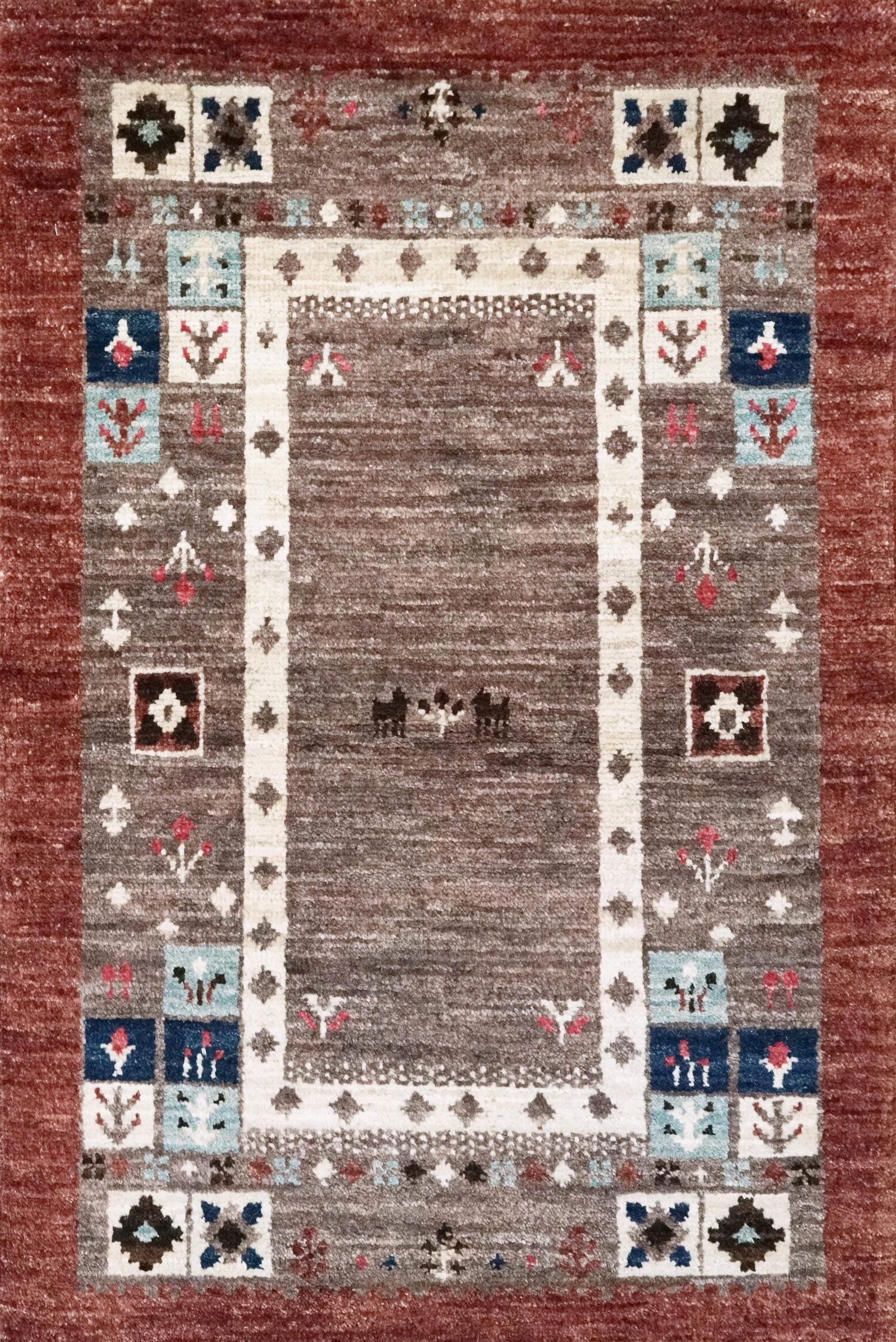 2x3 Ft Brown Gabbeh Rug - Tribal Hand Knotted Wool Rug