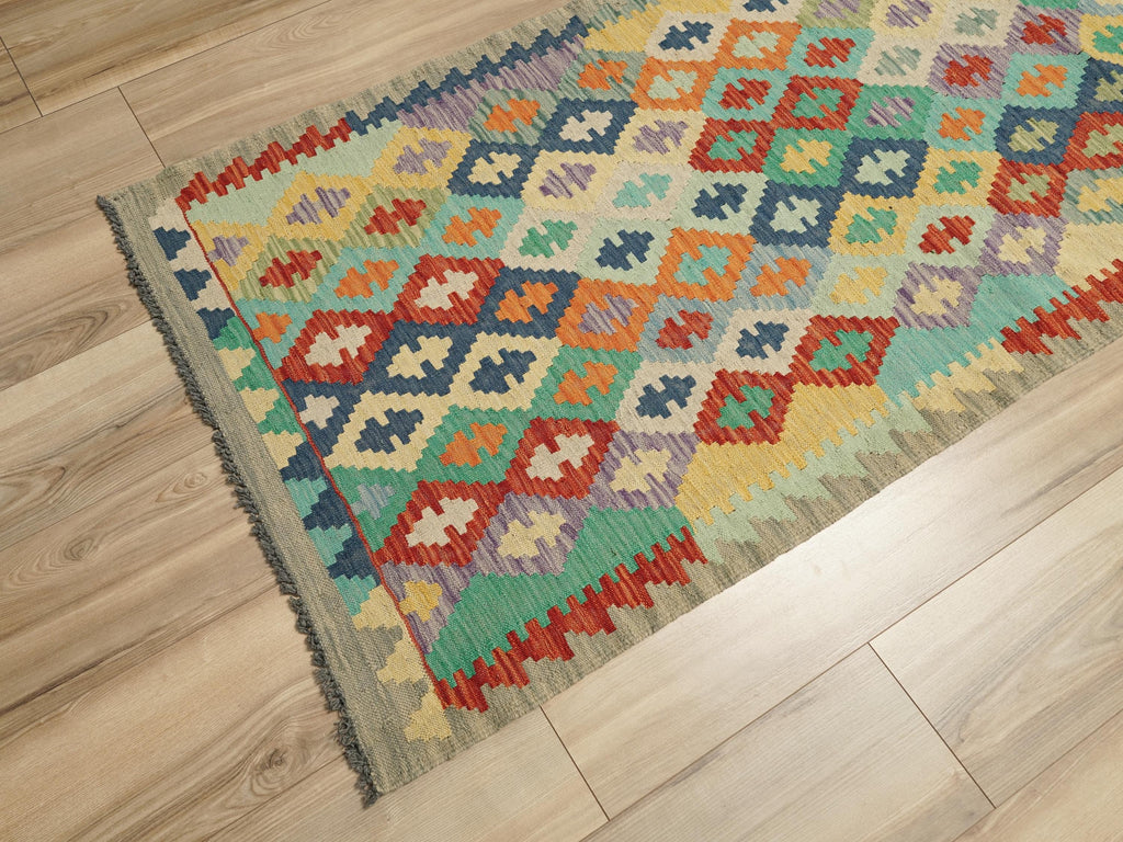 10 Ft Colorful Kilim Runner Rug - Traditional Afghan Flat Weave