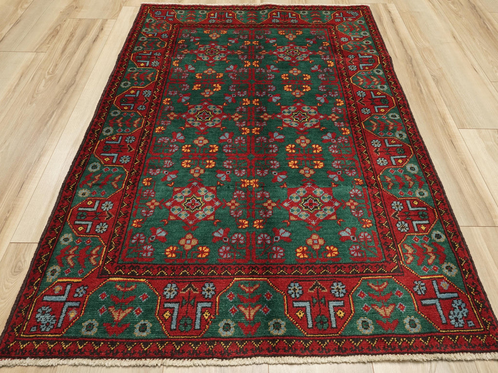 3x5 Ft Green & Red Ersari Rug - Afghan Wool Rug - Turkmen Design