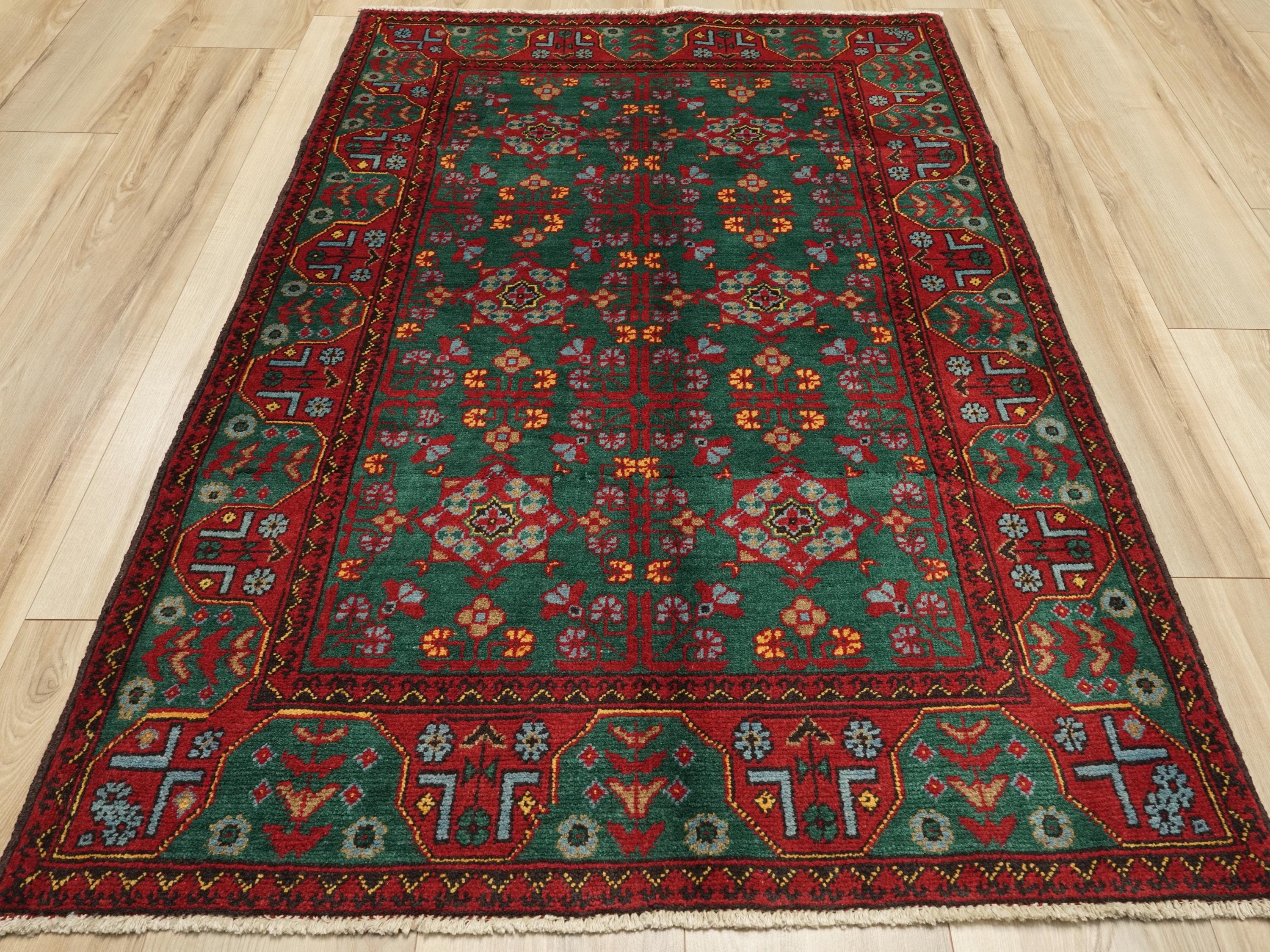 3x5 Ft Green & Red Ersari Rug - Afghan Wool Rug - Turkmen Design
