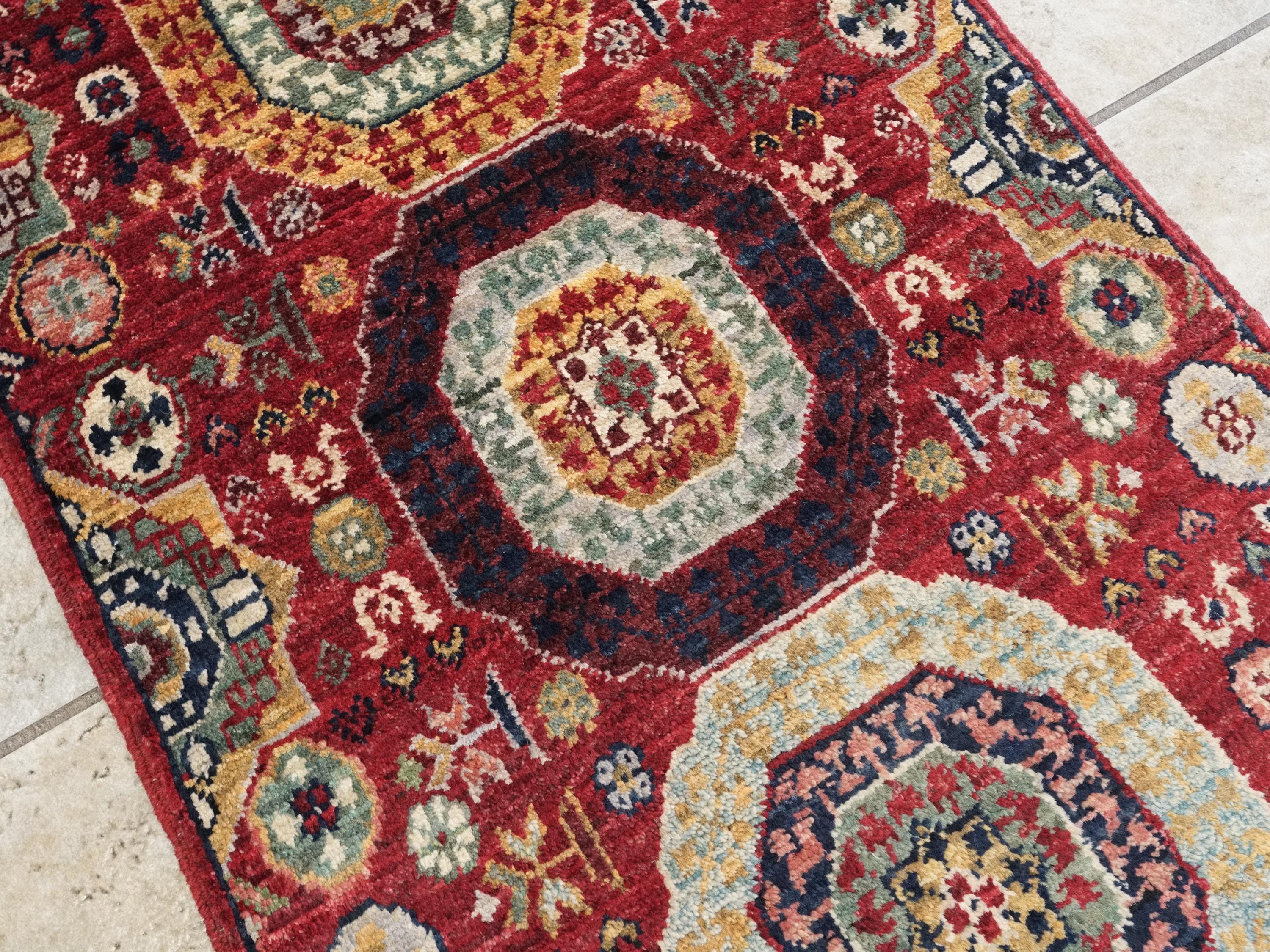 2x3 Ft Hand Knotted Red Mamluk Rug - Ghazni Wool Oriental Rug