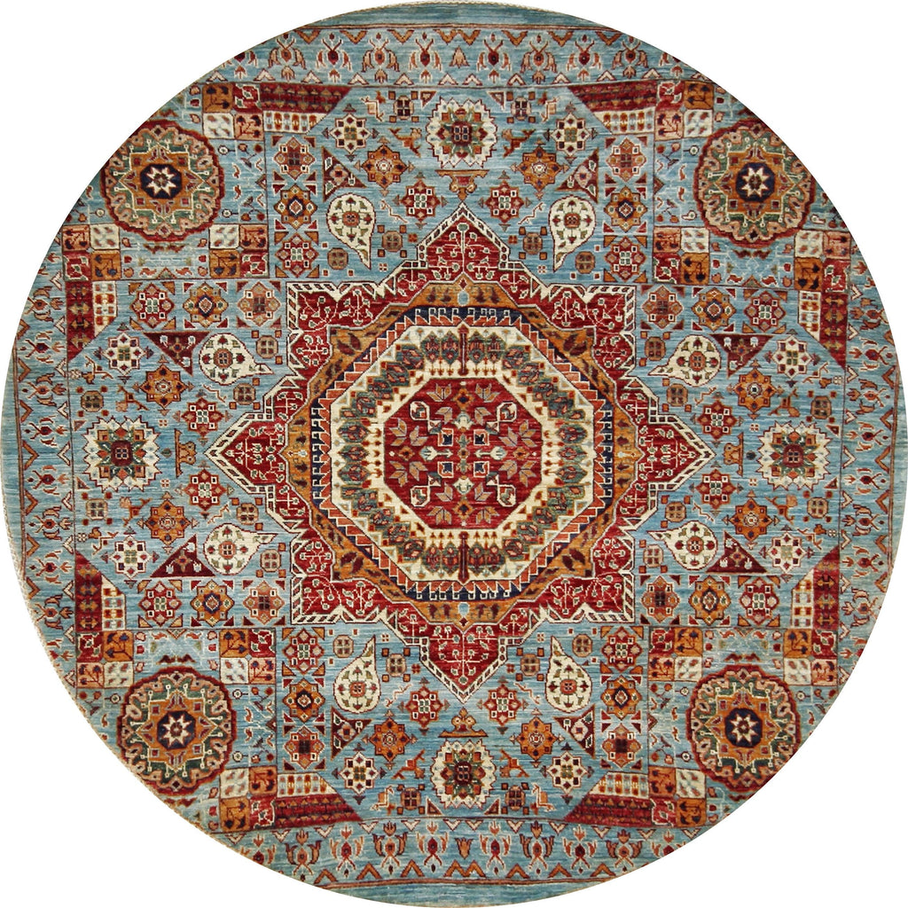 6x6 Ft Hand Knotted Light Blue Mamluk Rug - Round Oriental Medallion Rug