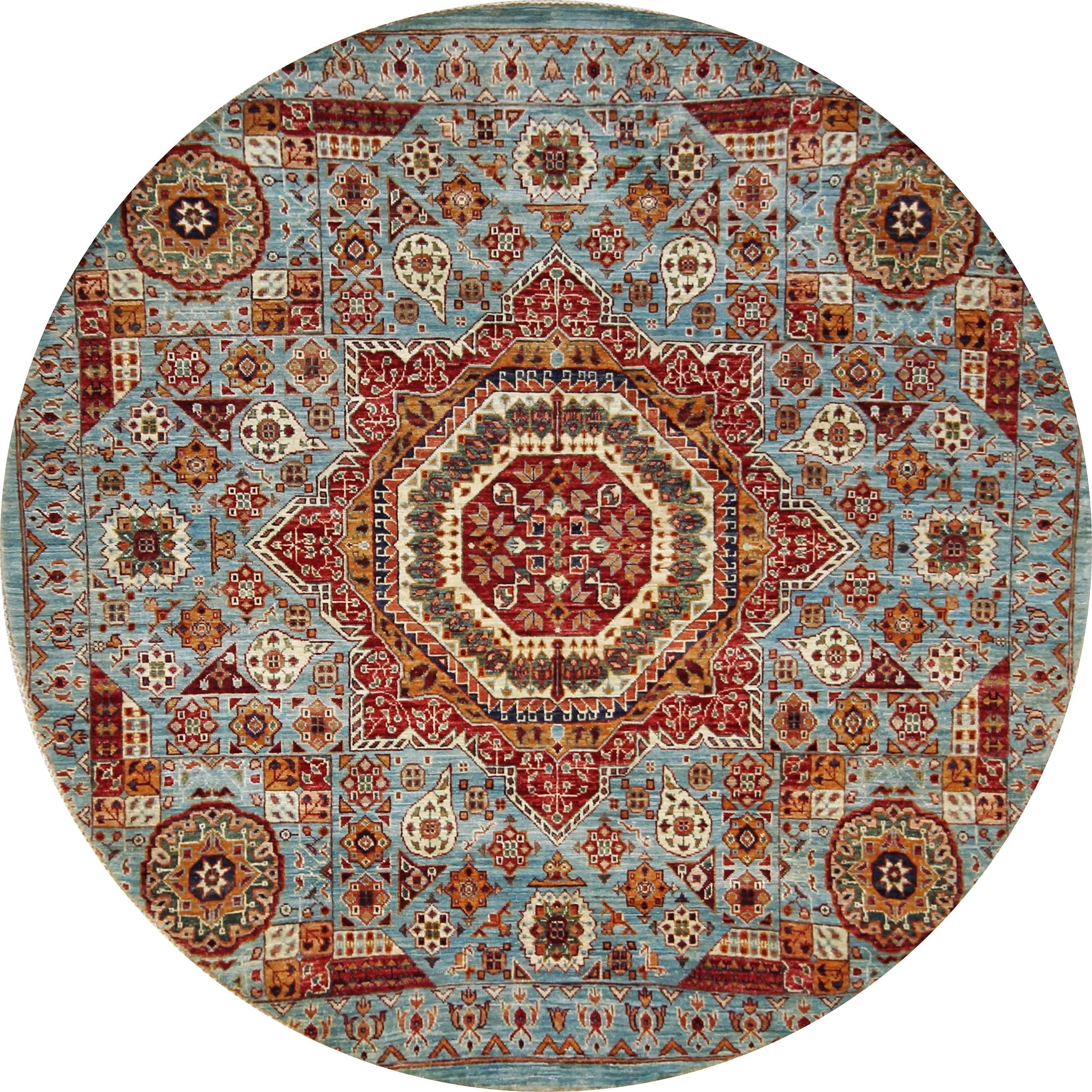 6x6 Ft Hand Knotted Light Blue Mamluk Rug - Round Oriental Medallion Rug
