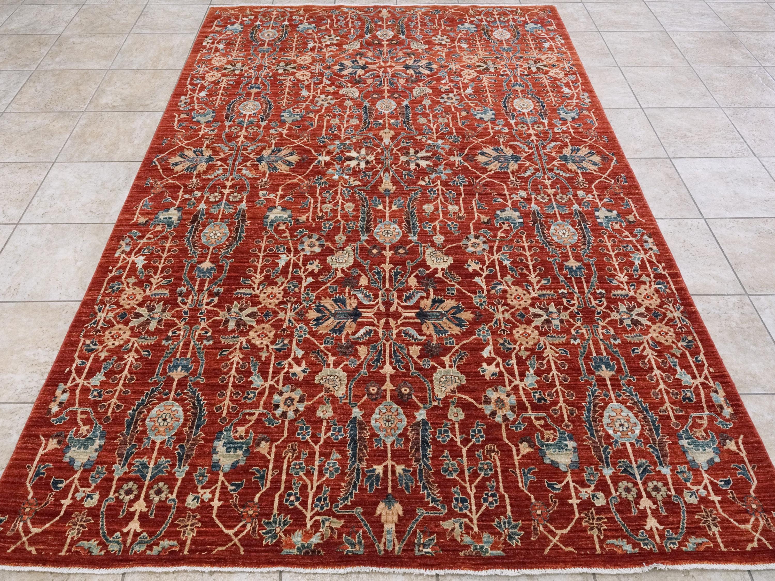 6x9 Ft Red Serapi Rug - Afghan Oriental Rug - Allover Floral Design