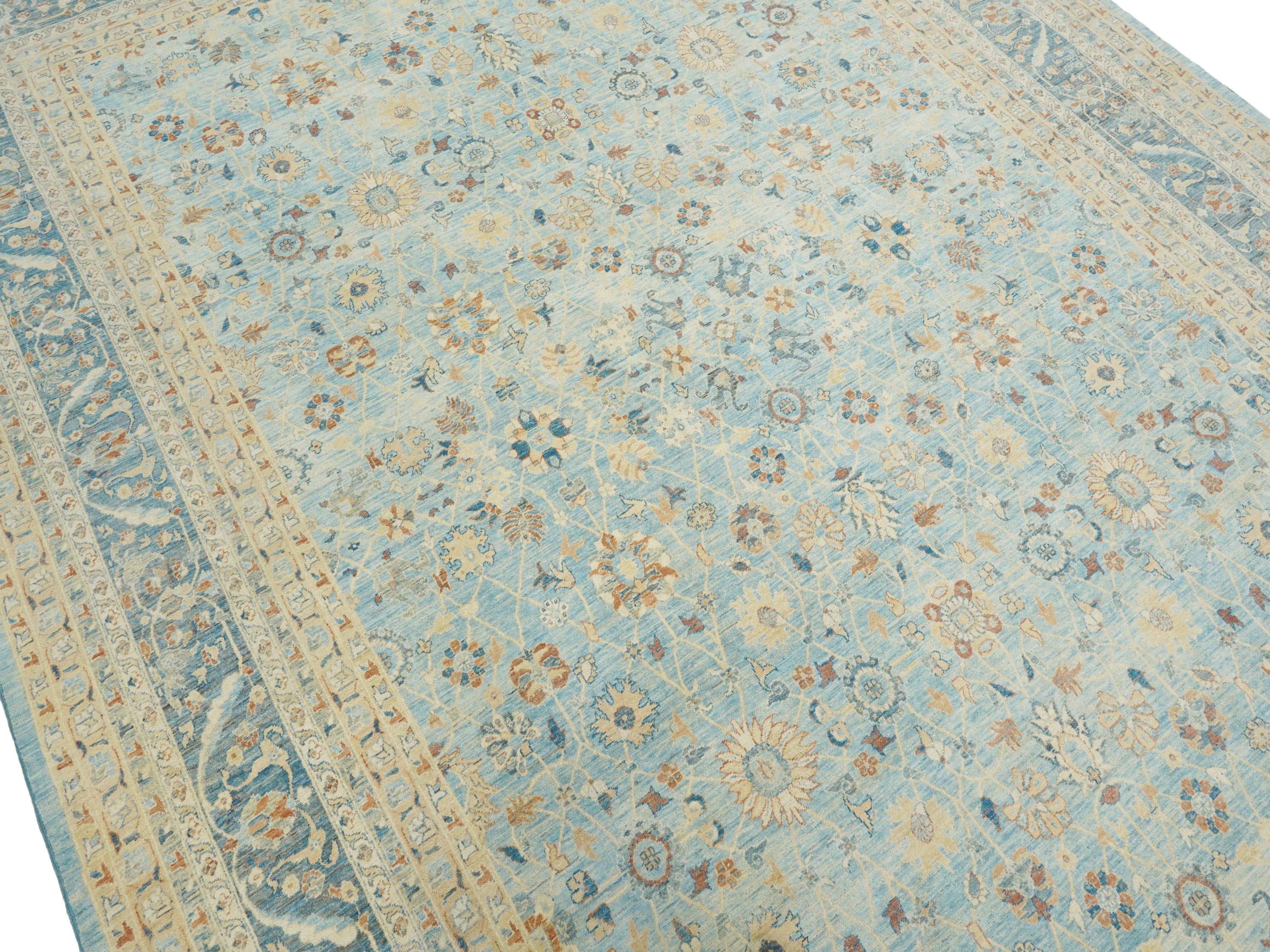 9x13 Ft Light Blue Serapi Rug - Hand Knotted Antique Rug - Persian Design