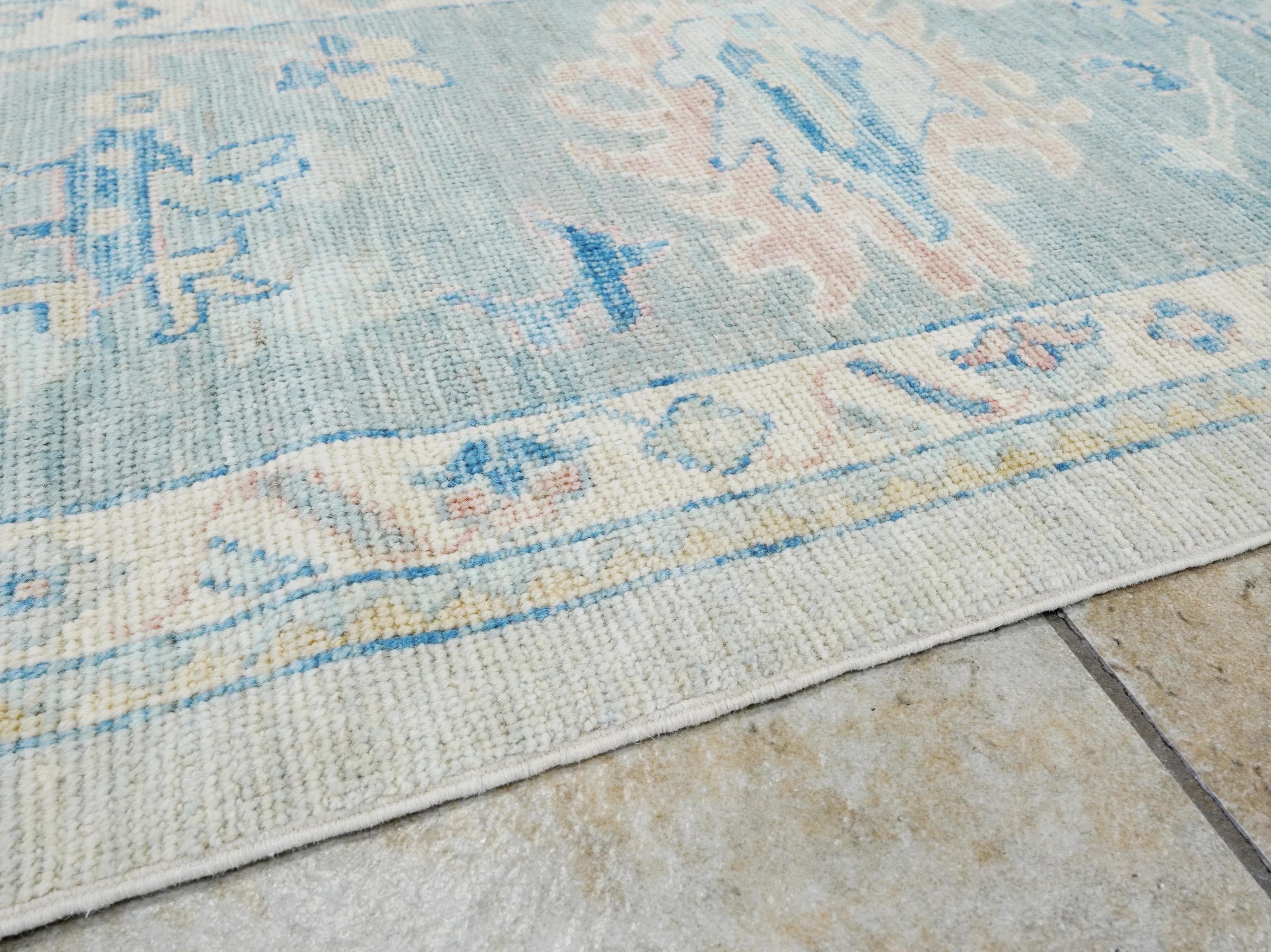 10x14 Ft Muted Blue & Orange Oushak Rug - Hand Knotted Afghan Rug - Turkish Floral Design