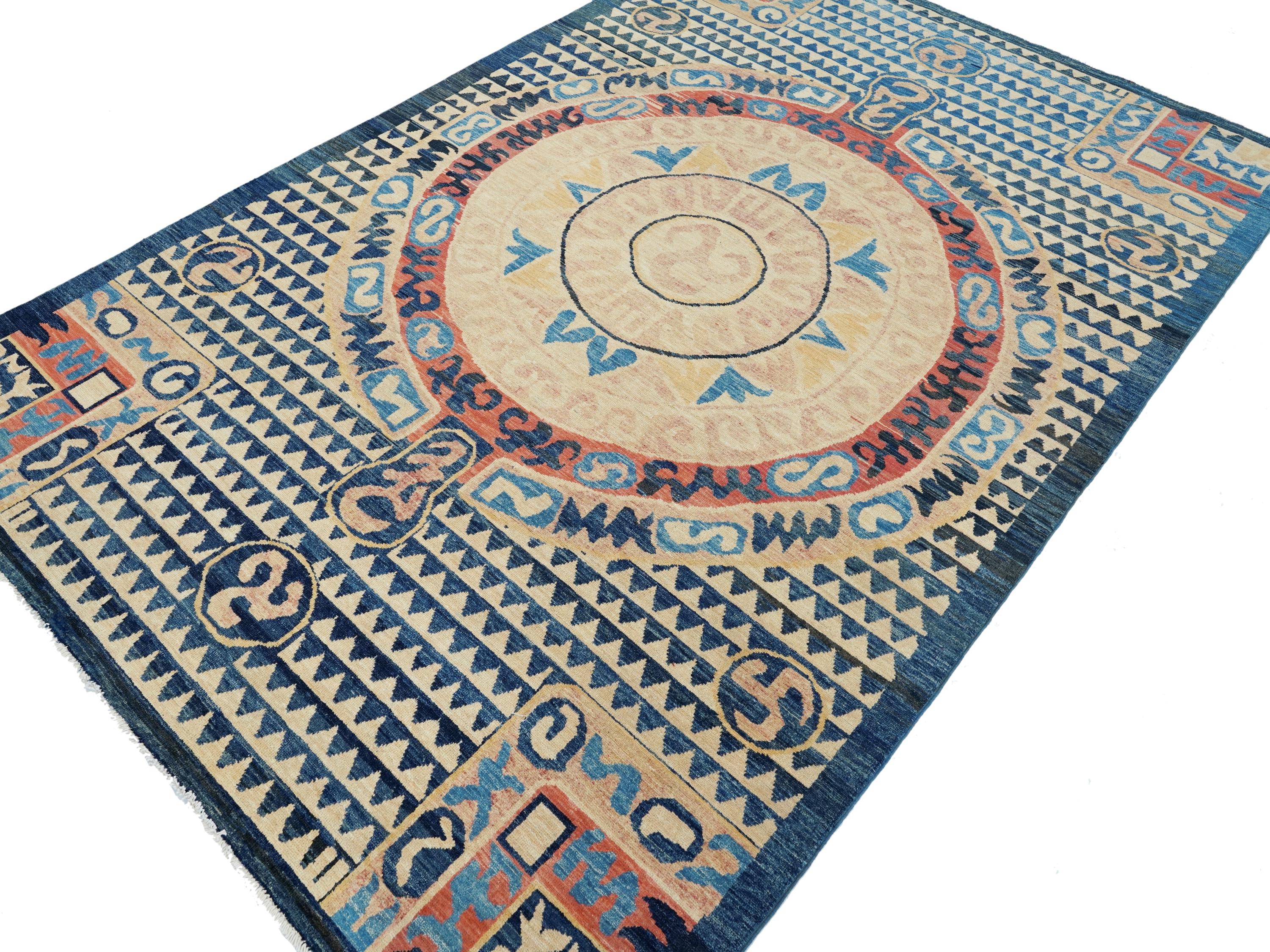 6x9 Ft Antique Tibetan Rug - Beige & Blue Chinese Design