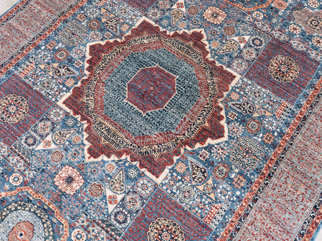 6x9 Ft Blue Mamluk Rug - Hand Knotted Afghan Wool Rug - Geometric Design