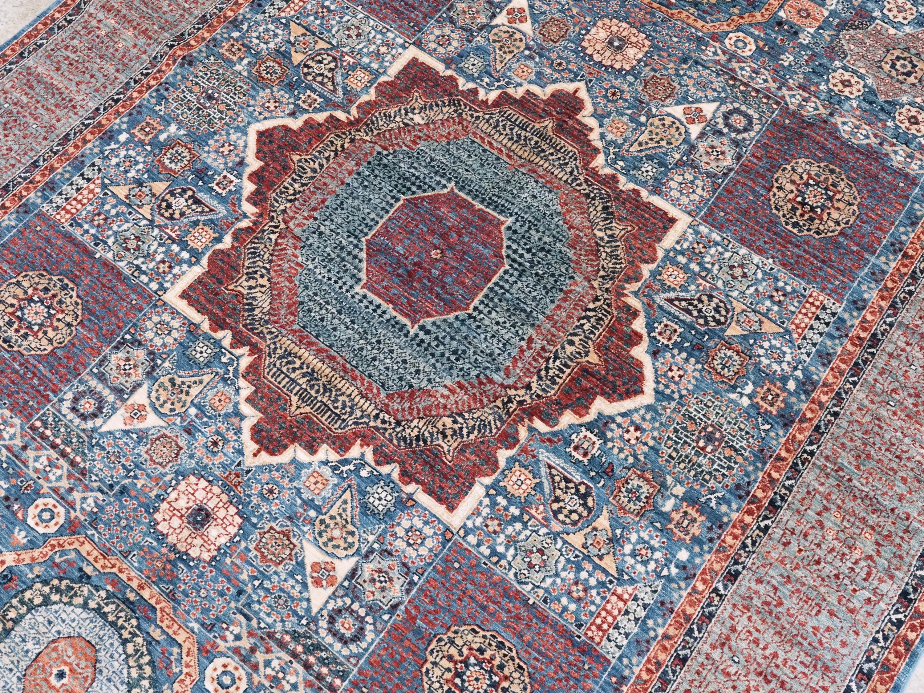6x9 Ft Blue Mamluk Rug - Hand Knotted Afghan Wool Rug - Geometric Design