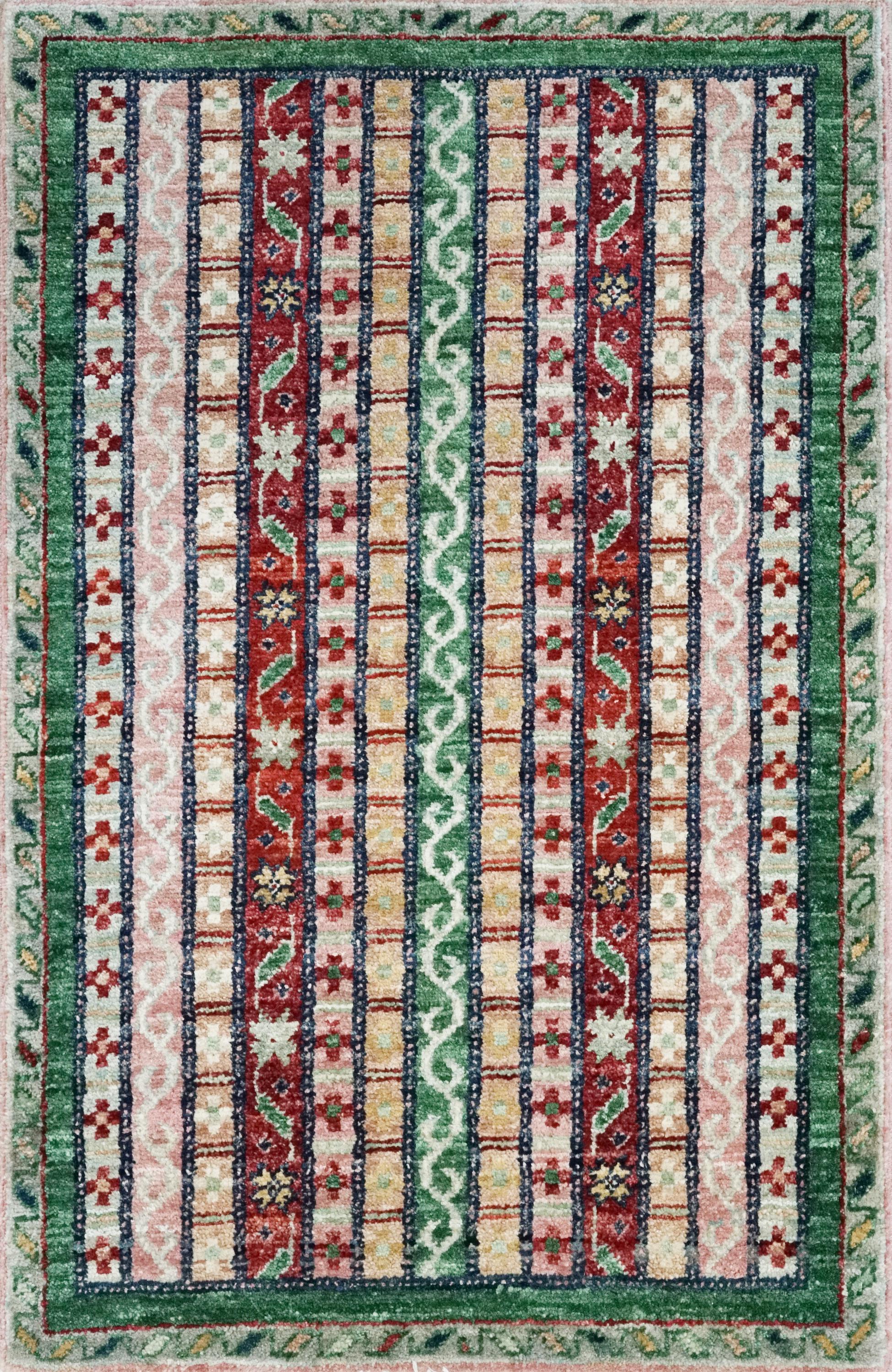 2x3 Ft Green & Pink Khorjin Rug - Afghan Wool Accent Rug