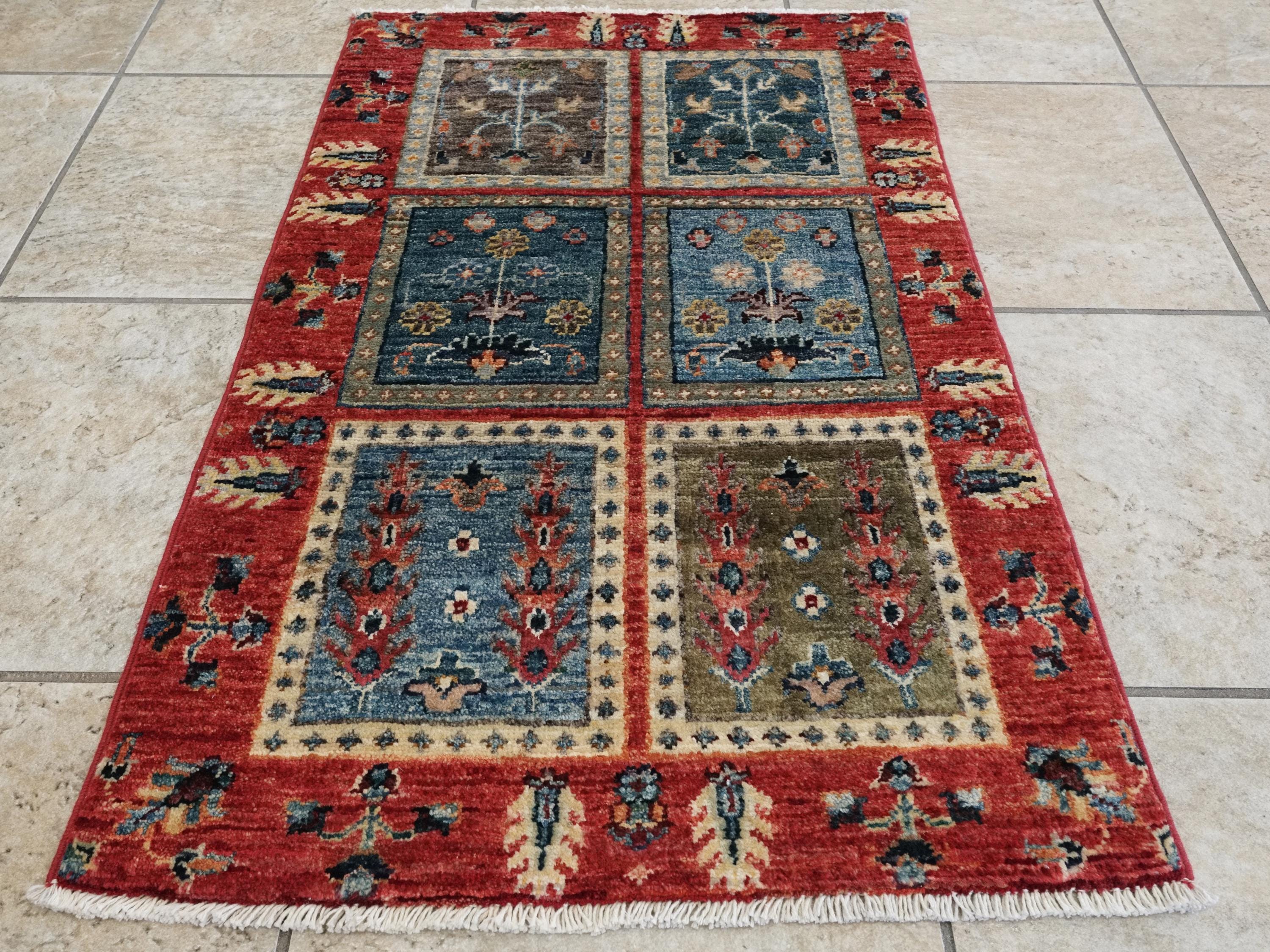 2x3 Ft Hand Knotted Red Heriz Rug - Afghan Wool Accent Rug