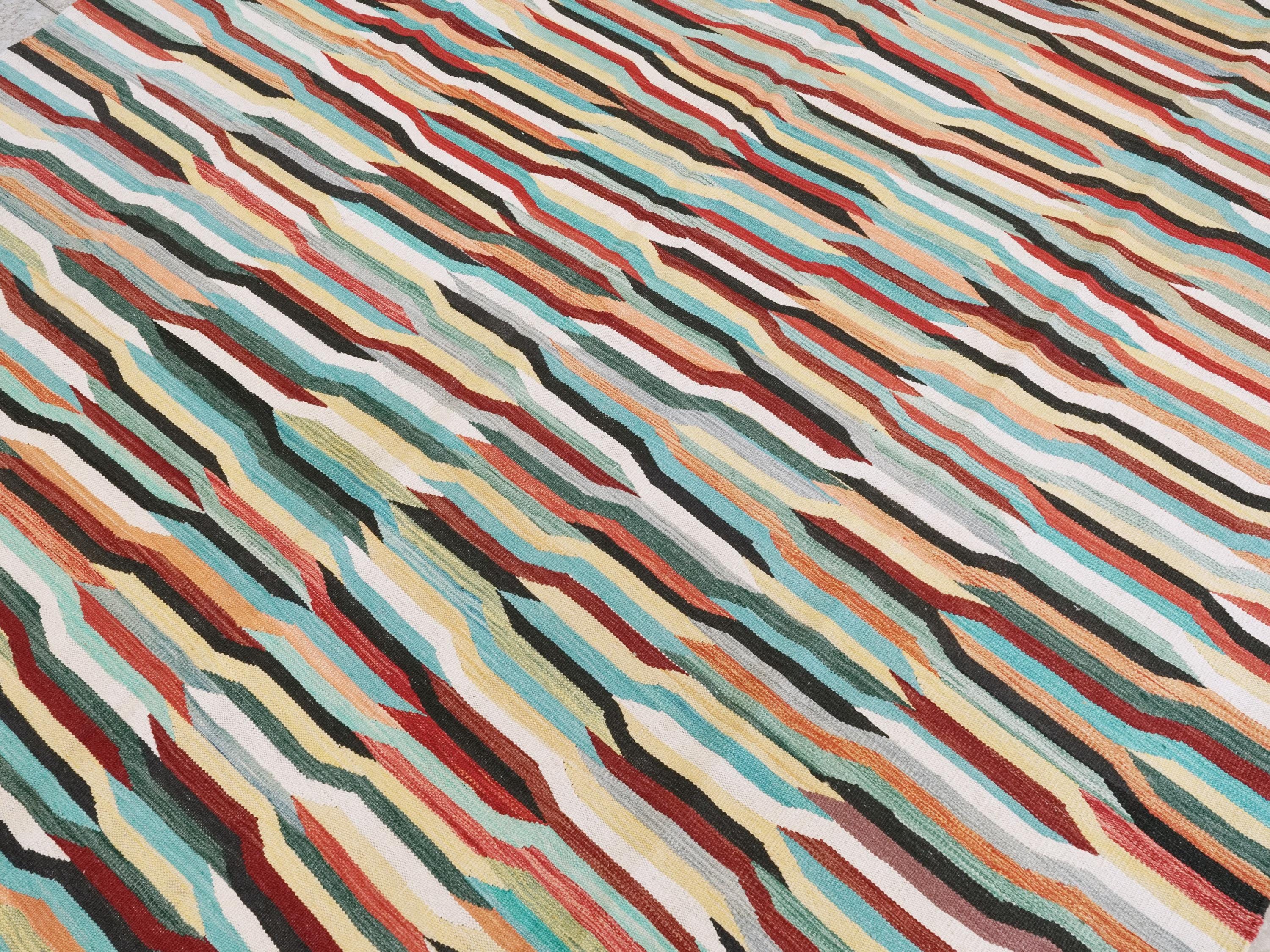 8x10 Ft Colorful Kilim Rug - Flat Weave Area Rug - Abstract Design