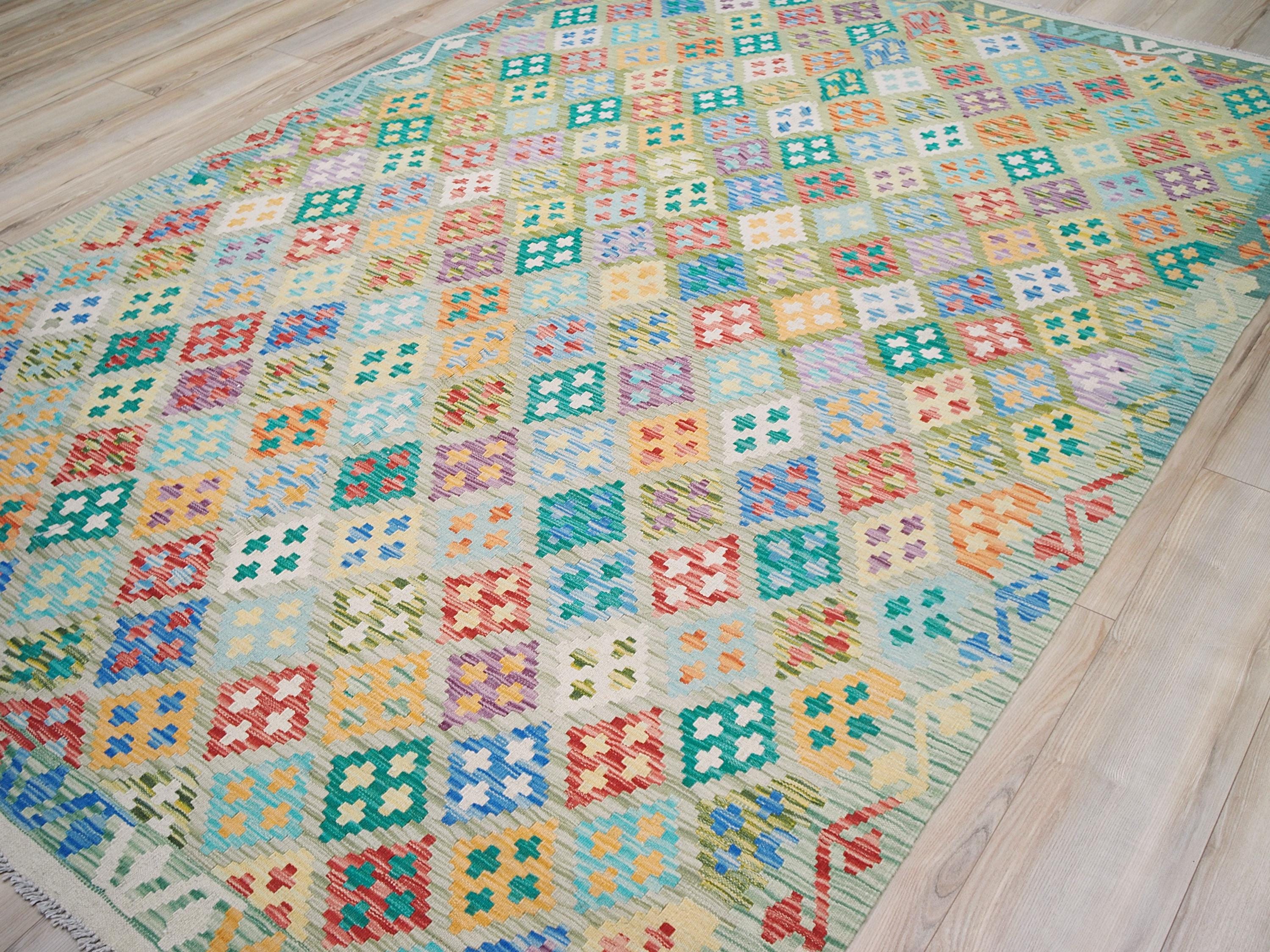 7x10 Ft Green Maimana Kilim Rug - Flat Weave Afghan Rug