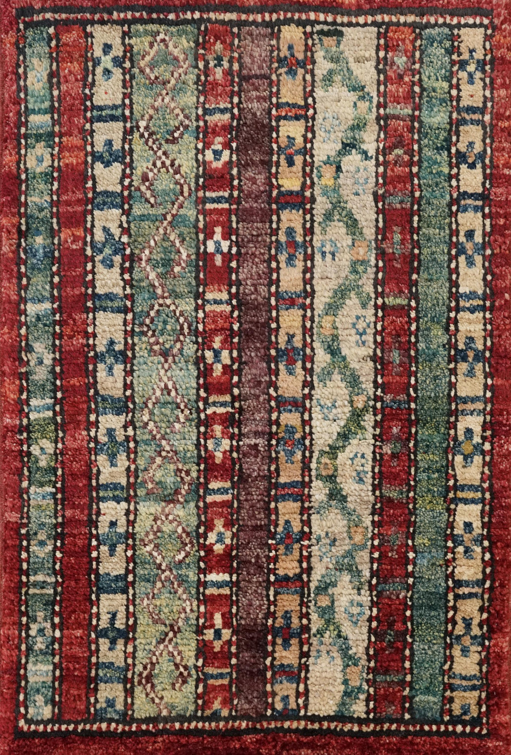1x2 Ft Hand Knotted Heriz Rug - Red & Green Afghan Wool