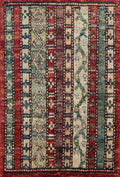 1x2 Ft Hand Knotted Heriz Rug - Red & Green Afghan Wool
