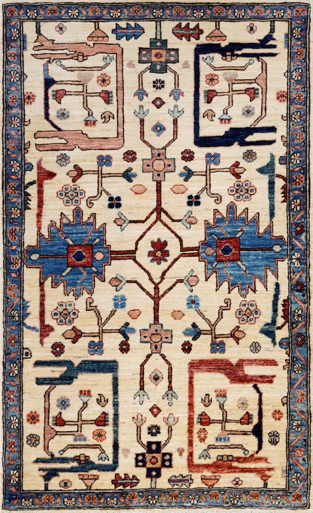 3x5 Ft Beige & Blue Heriz Rug - Handmade Afghan Rug
