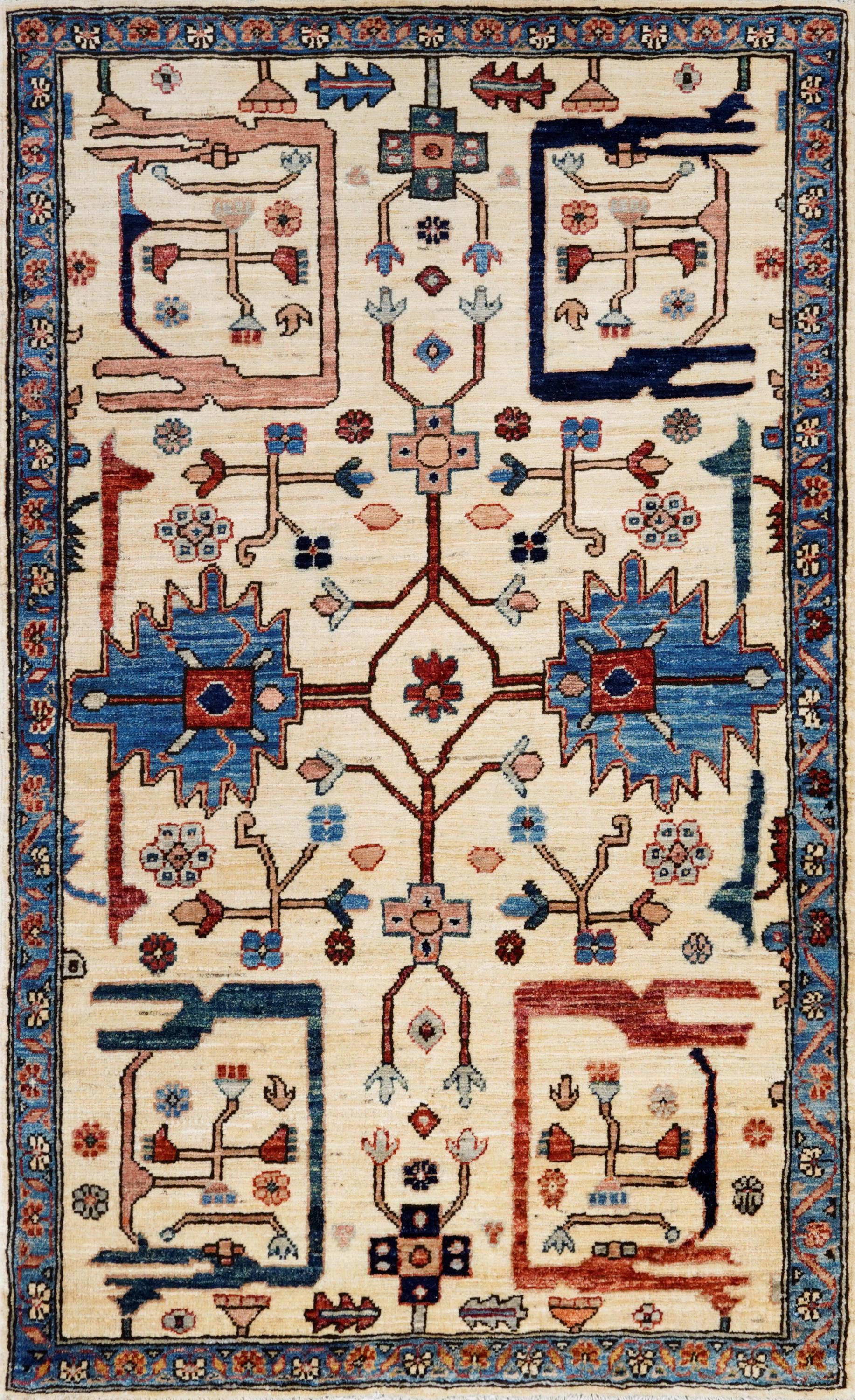 3x5 Ft Beige & Blue Heriz Rug - Handmade Afghan Rug