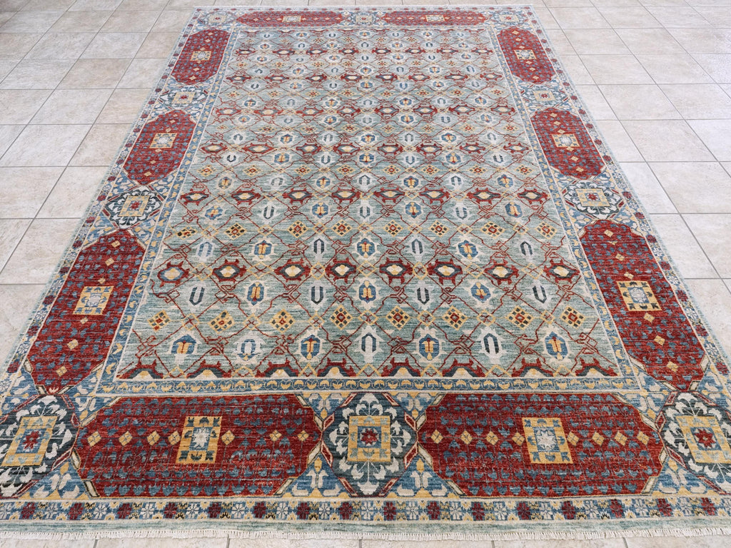 8x10 Ft Blue & Red Heriz Rug - Handmade Afghan Wool Rug - Traditional Persian Design