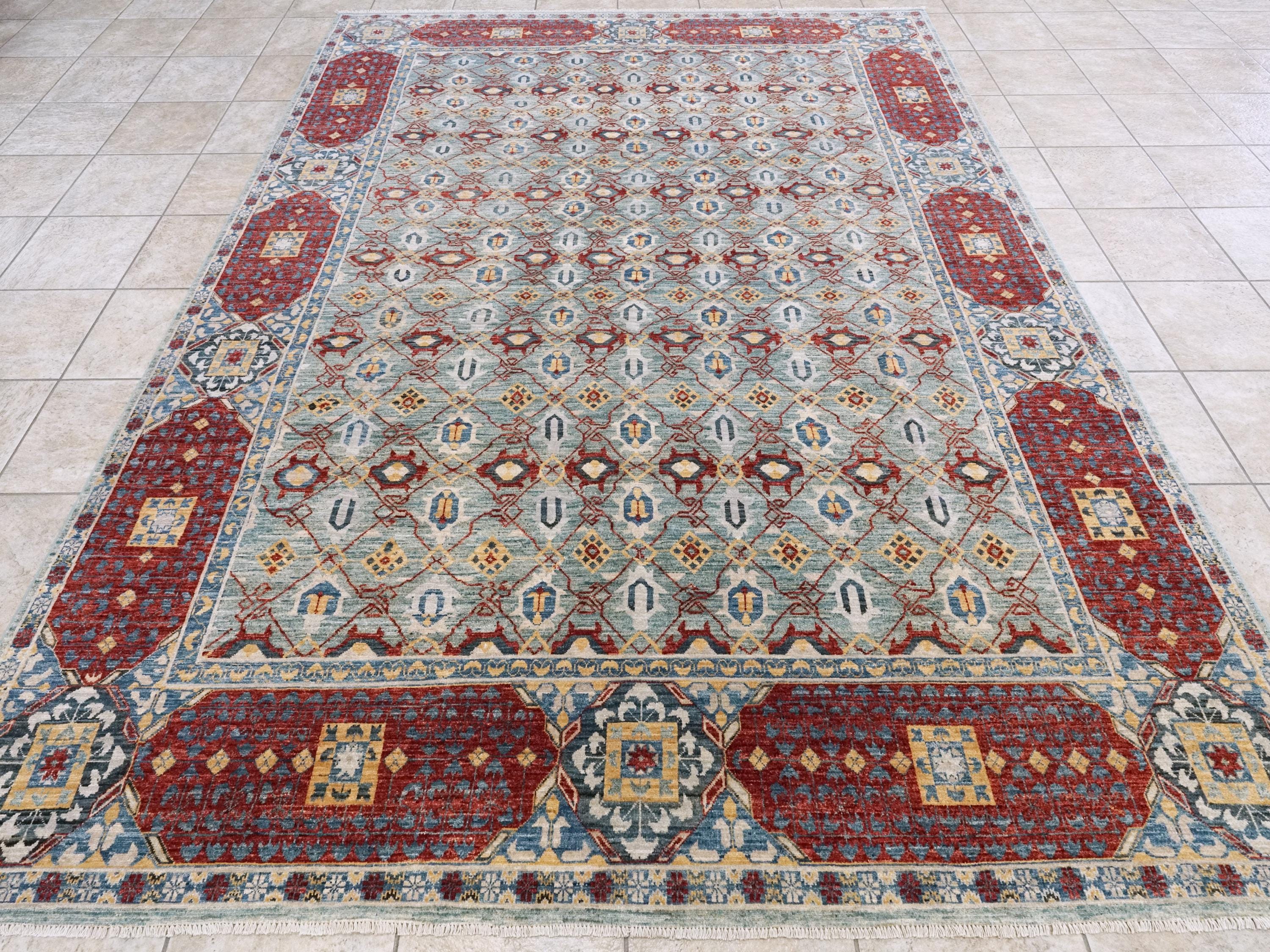 8x10 Ft Blue & Red Heriz Rug - Handmade Afghan Wool Rug - Traditional Persian Design