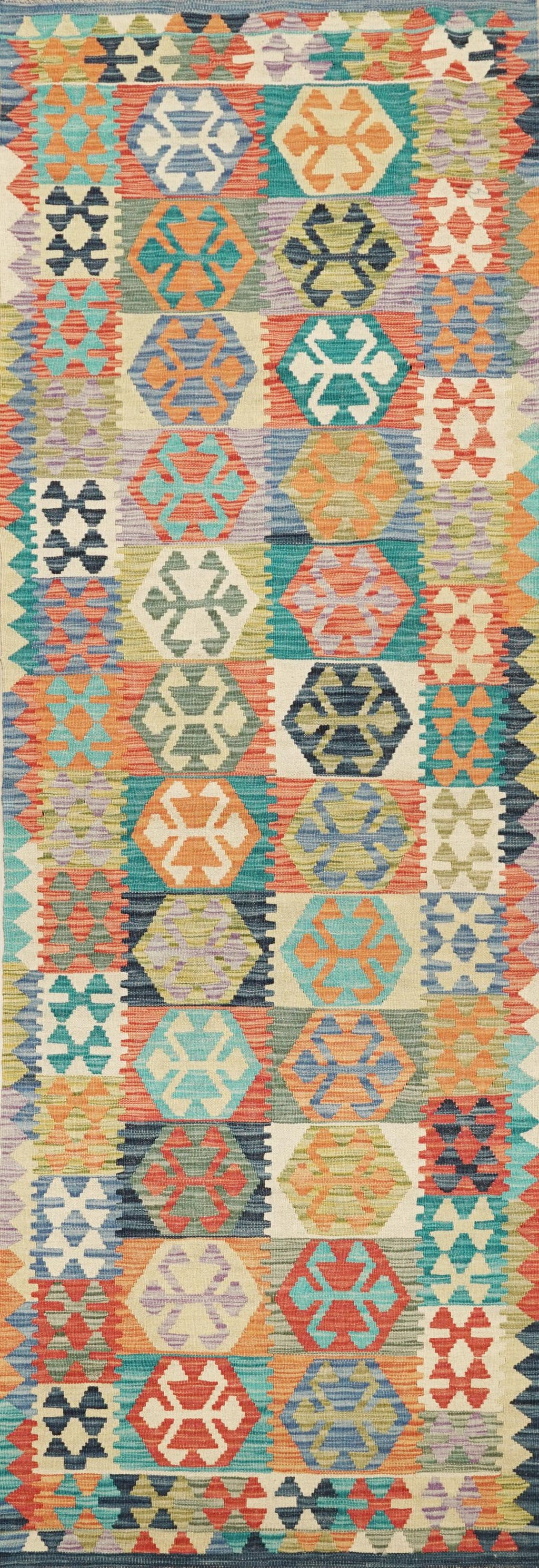 10 Ft Handwoven Wool Kilim Runner Rug - Traditional Afghan Hallway Rug