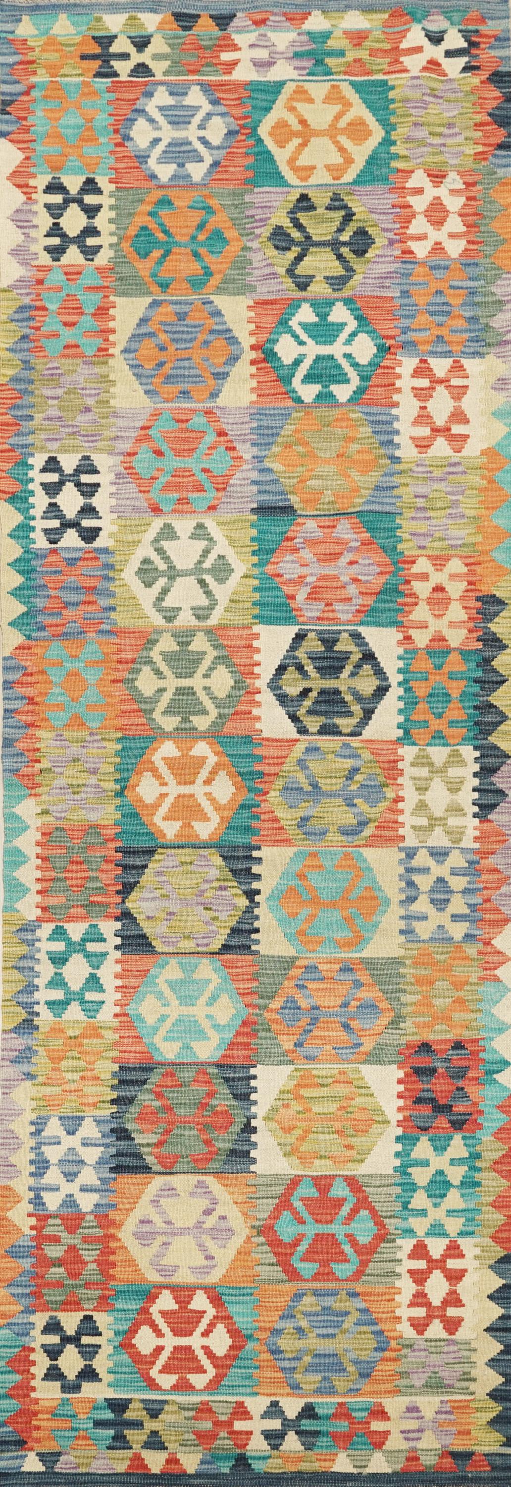 10 Ft Handwoven Wool Kilim Runner Rug - Traditional Afghan Hallway Rug