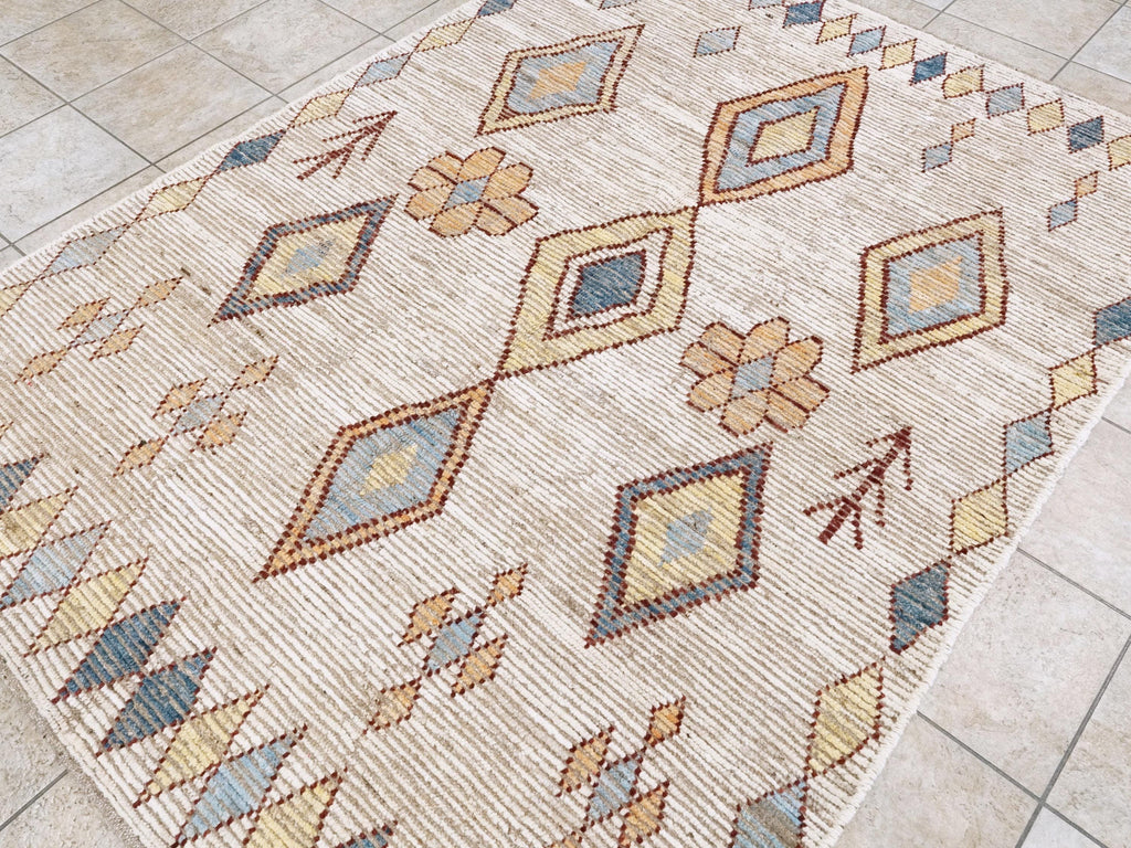 Handmade Beige Moroccan Rug: 6x9 Afghan Wool Floral Area Rug