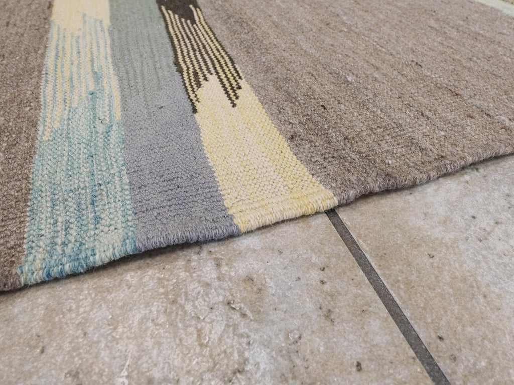 8x10 Ft Brown & Green Kilim Rug - Flat Weave Area Rug