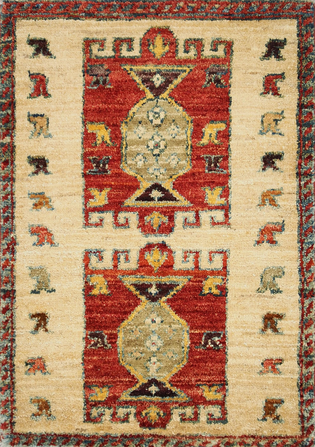 1x2 Ft Beige Heriz Rug - Afghan Wool Accent Rug